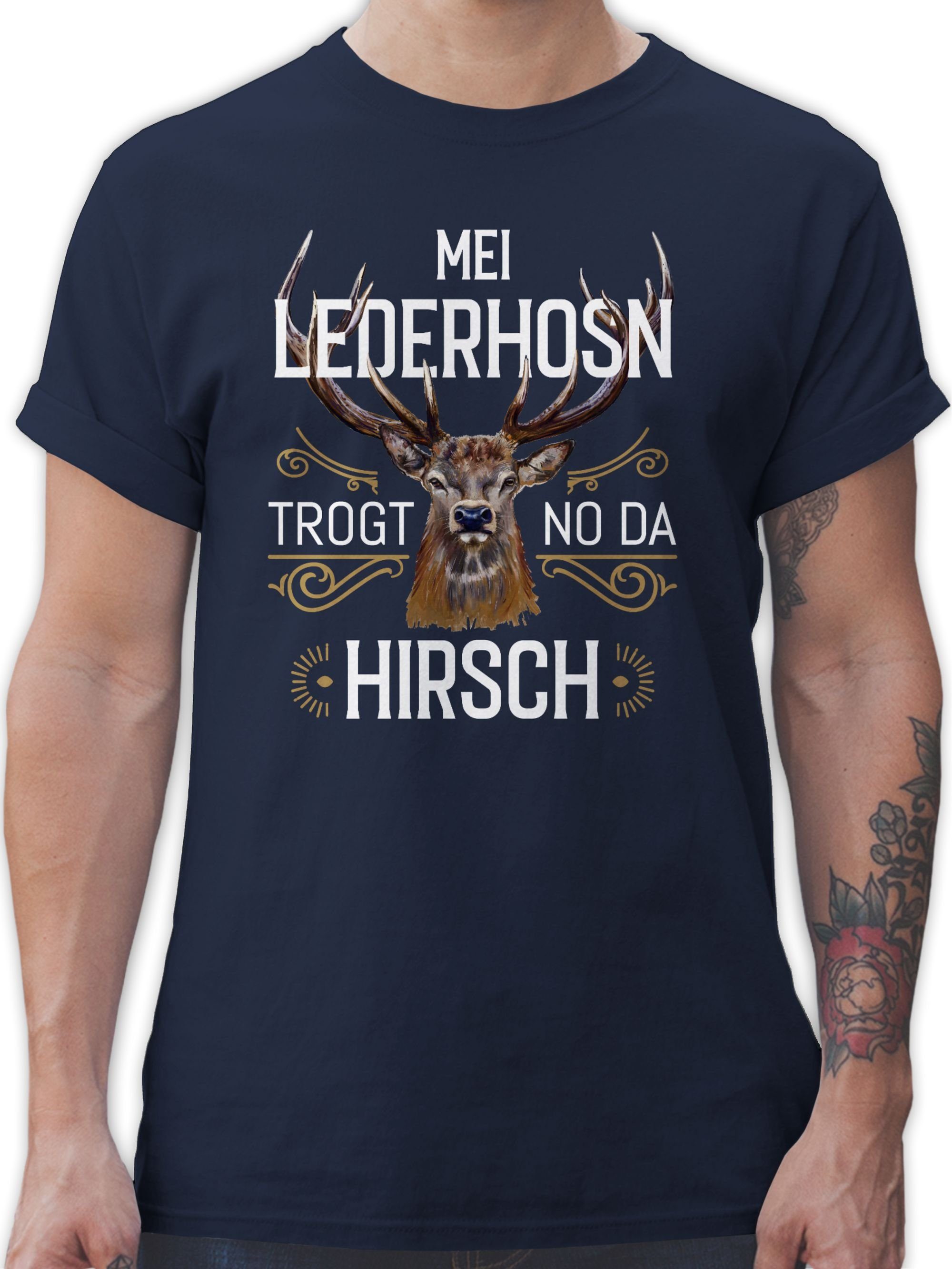 Shirtracer T-Shirt Mei Lederhosn trogt no da Hirsch - weiß braun Mode für Oktoberfest Herren 03 Navy Blau