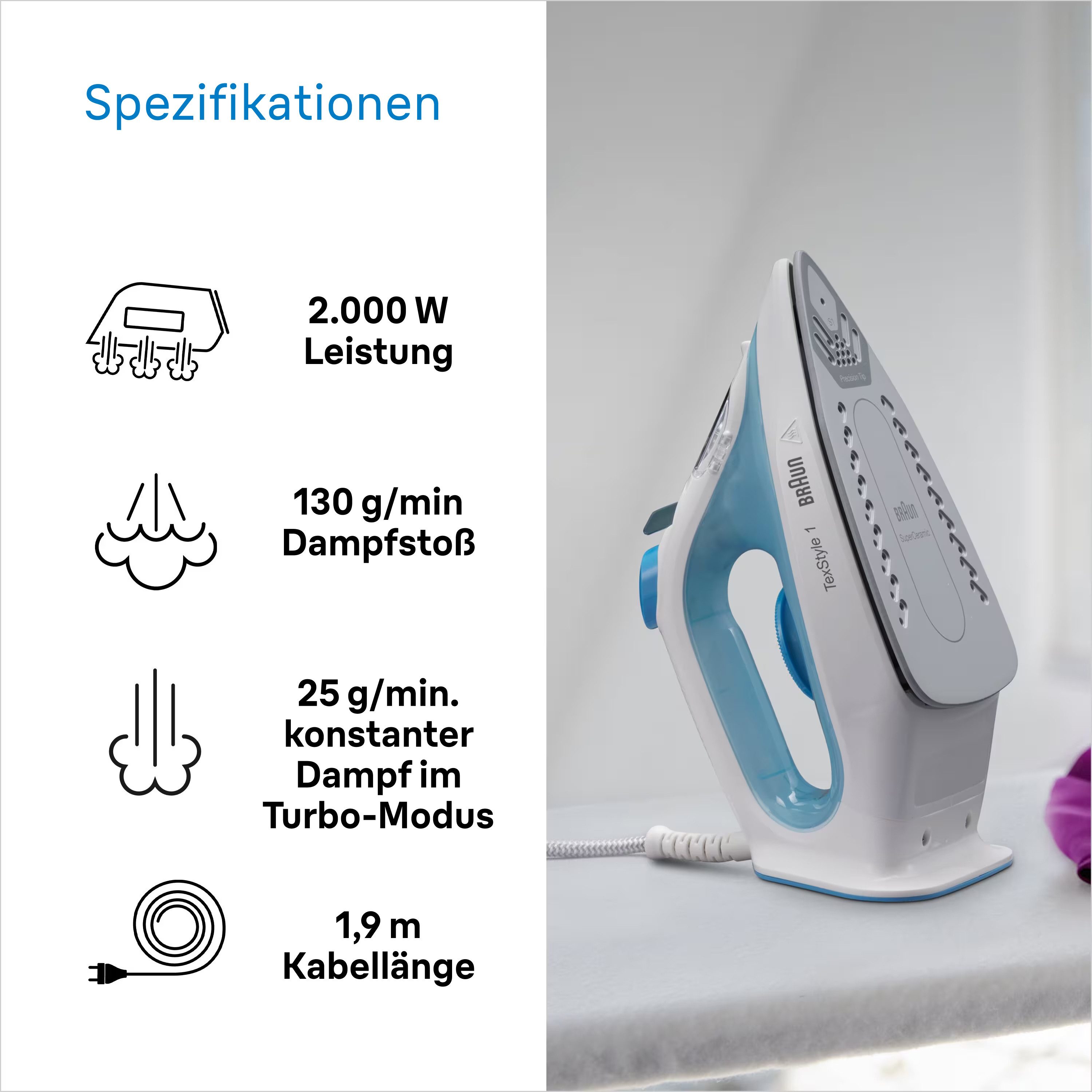 Braun Dampfbügeleisen TexStyle 1 SI 1050 BL - 2.000 W, 120 g Dampfstoß, 220 ml Wassertank, 2000 W, 25 g Dampfmenge, SuperCeramic Bügelsohle, 35 Sek. Aufheizzeit