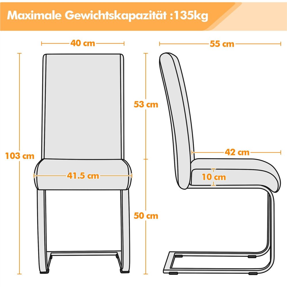 Yaheetech Esszimmerstuhl 2/4/6-er Küchenstuhl (2 St), Schwinger Polsterstuhl mit Ergonomischer Rückenlehne & Metallbeine – Bild 4 von 5