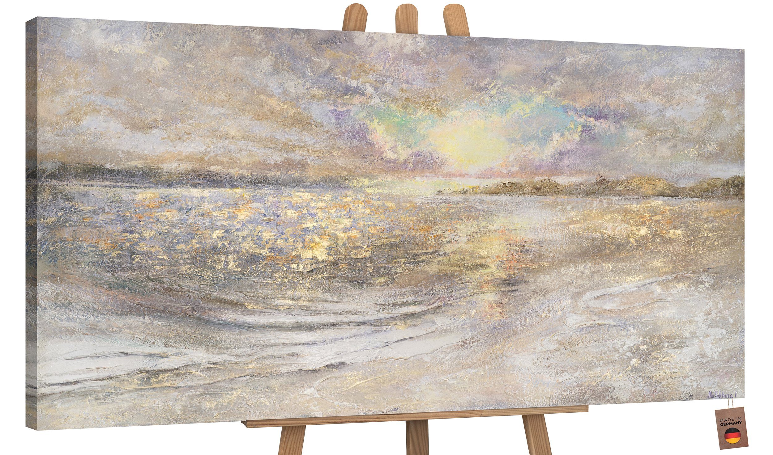 YS-Art Gemälde Meer Dämmerung, Landschaft, Leinwand Bild Handgemalt Sonnenuntergang am Meer Strand Ohne Schattenfugenrahmen