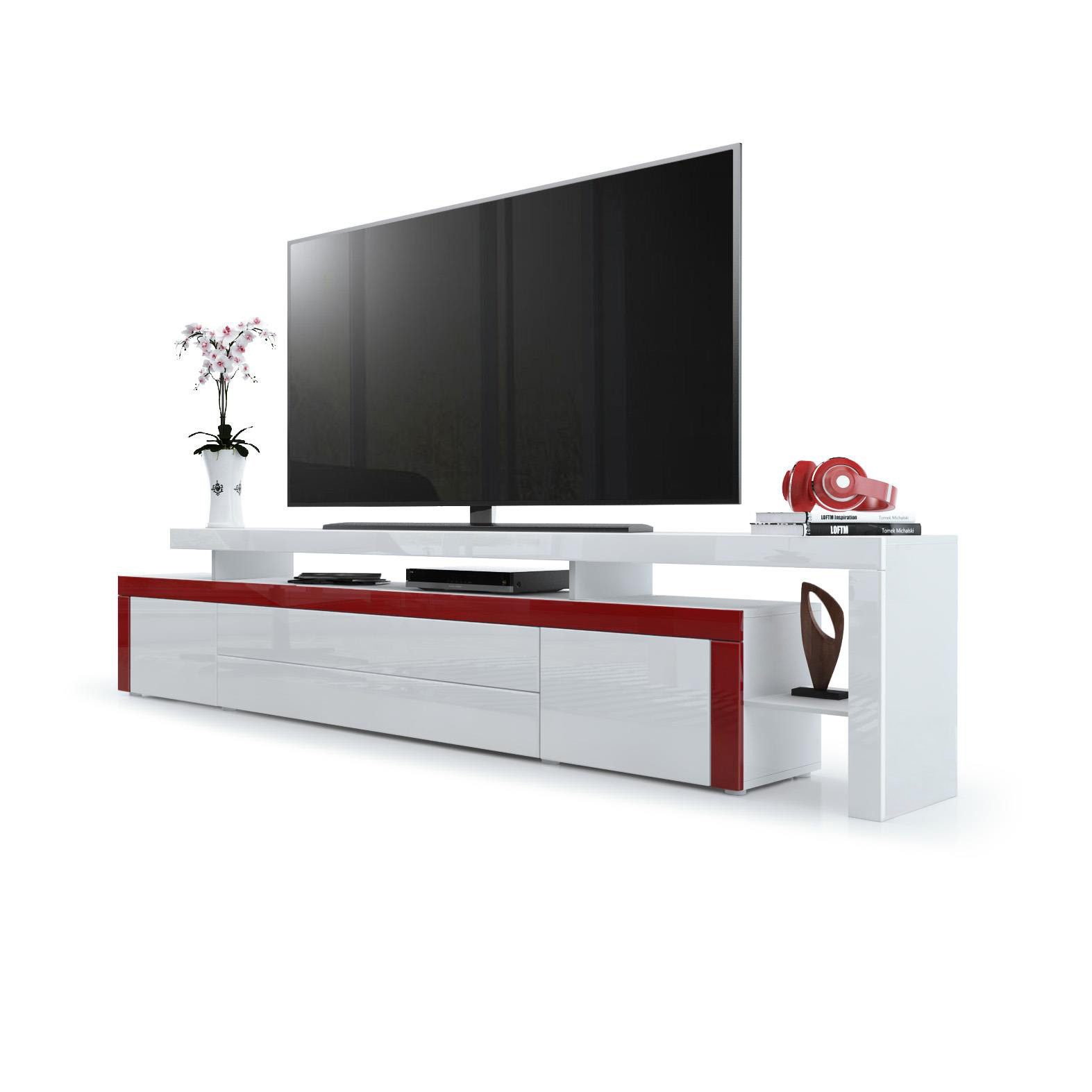 Vladon Lowboard Leon (TV-Kommode, mit zwei Türen, zwei Schubkästen und einem modernen Überbau), Weiß matt/Weiß Hochglanz/Bordeaux Hochglanz (227 x 52 x 35 cm)