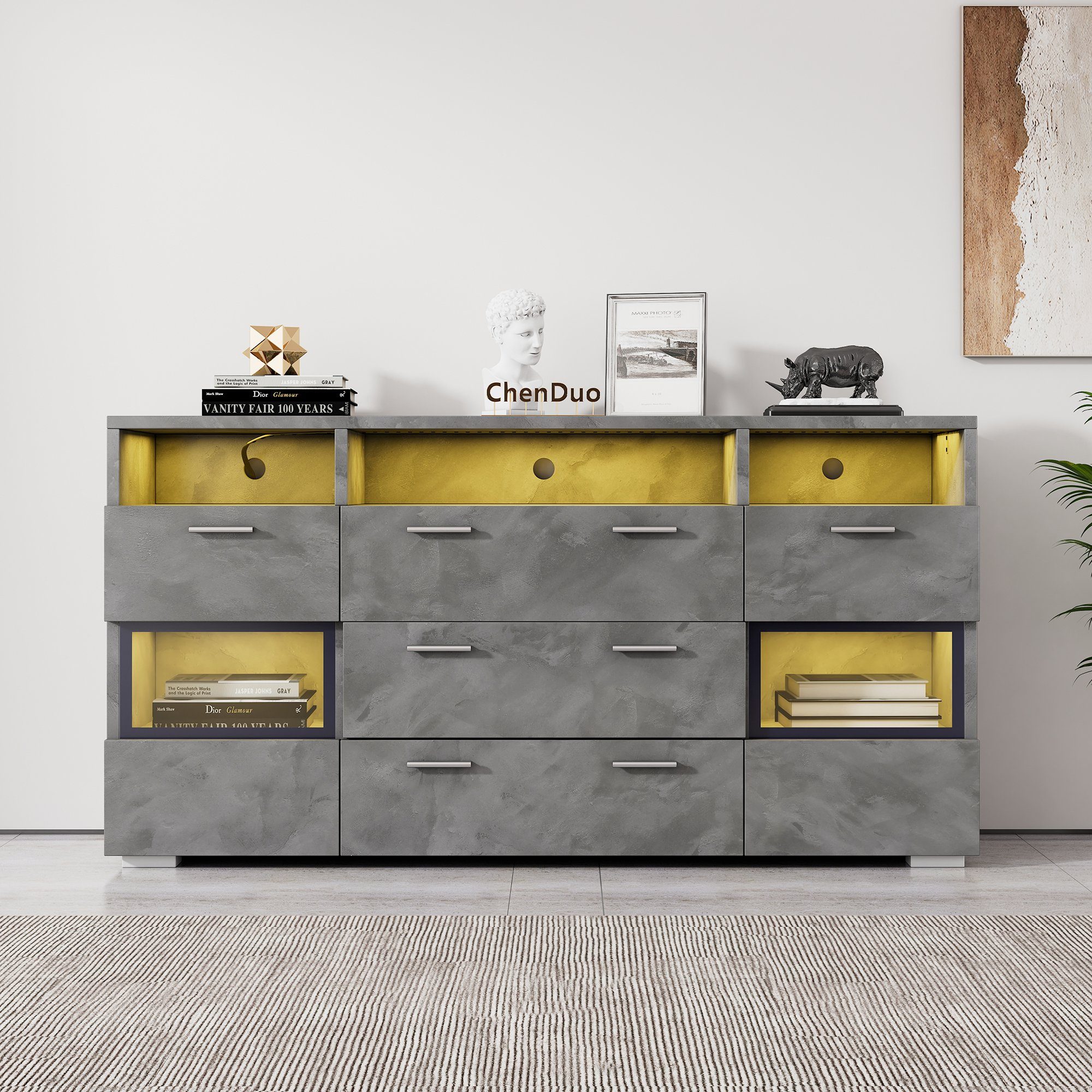 Merax Sideboard mit 3 Schubladen und 3 offenen Fächern (1 St), Kommode Industrial mit LED,Lowboard mit Metallgriff,B:140cm