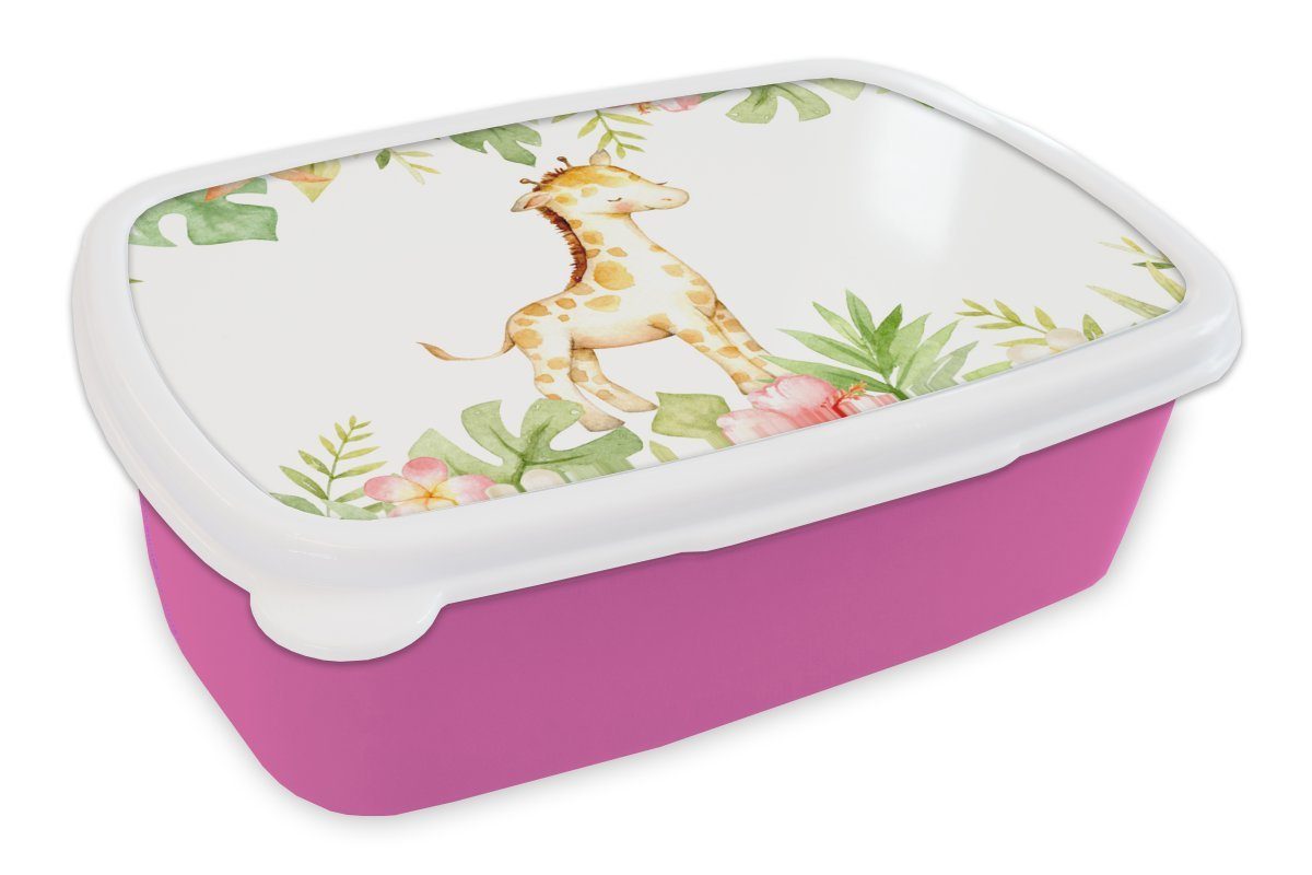 MuchoWow Lunchbox Giraffe - Dschungel - Blumen - Aquarell, Kunststoff, (2-tlg), Brotbox für Erwachsene, Brotdose Kinder, Snackbox, Mädchen, Kunststoff rosa