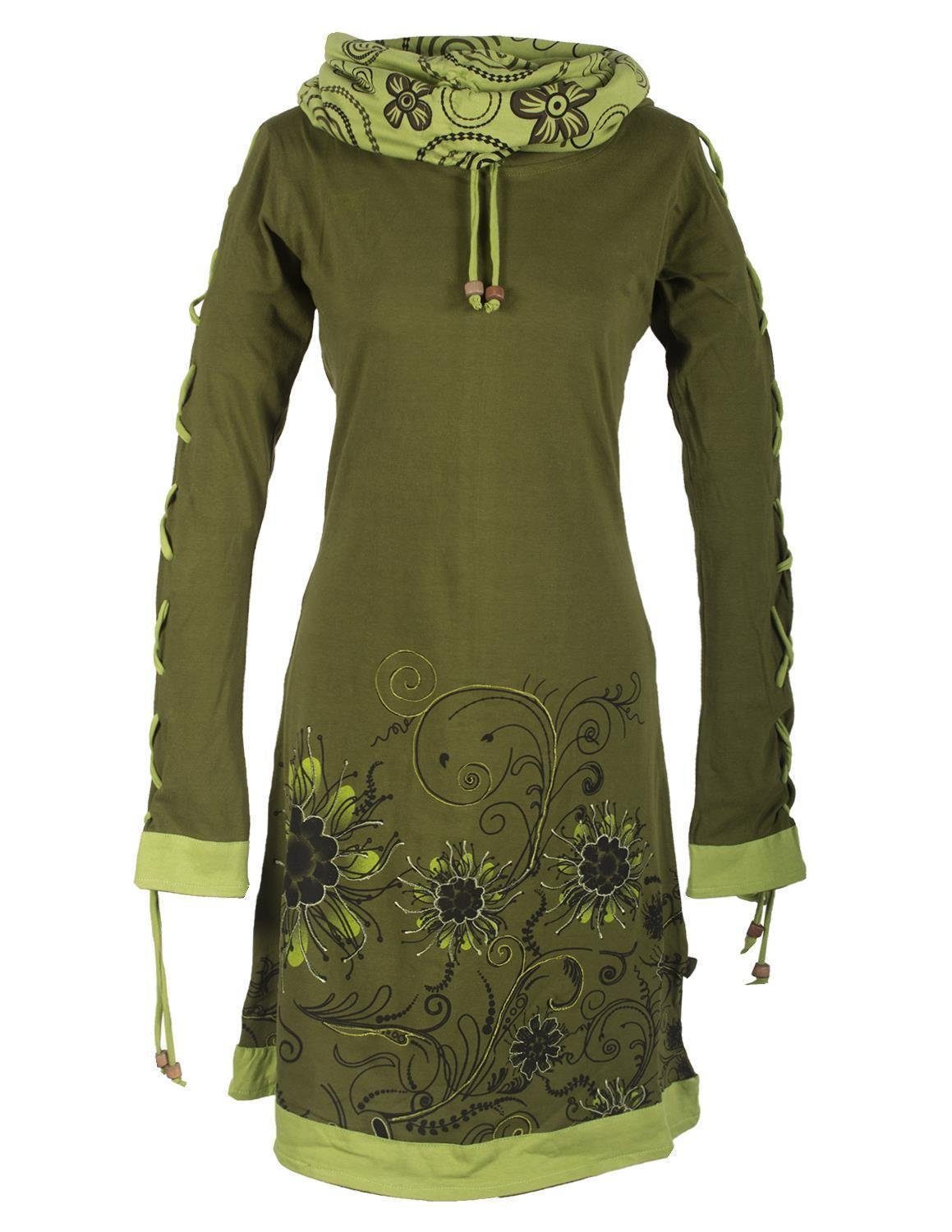 Vishes Midikleid Bedrucktes Blumen Kleid mit Schalkragen - Schnüren Ethno, günstig online kaufen