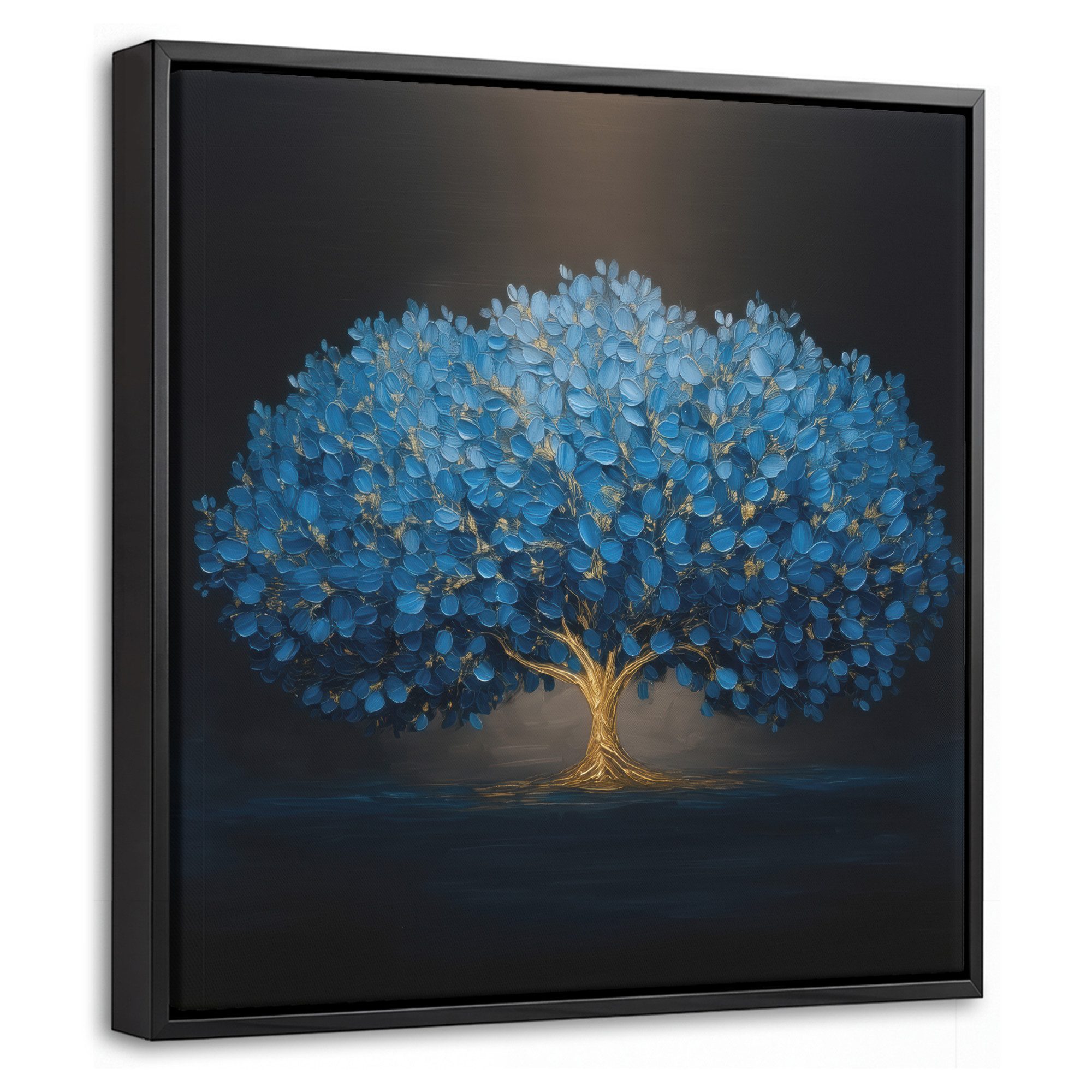 OneMillionCanvasses® Leinwandbild mit Rahmen - Baum - Blau - Blätter - Pinselstriche, Fotodruck (1 St), Leinwand Bilder Klein, Wand Dekoration Aesthetic 20x20cm