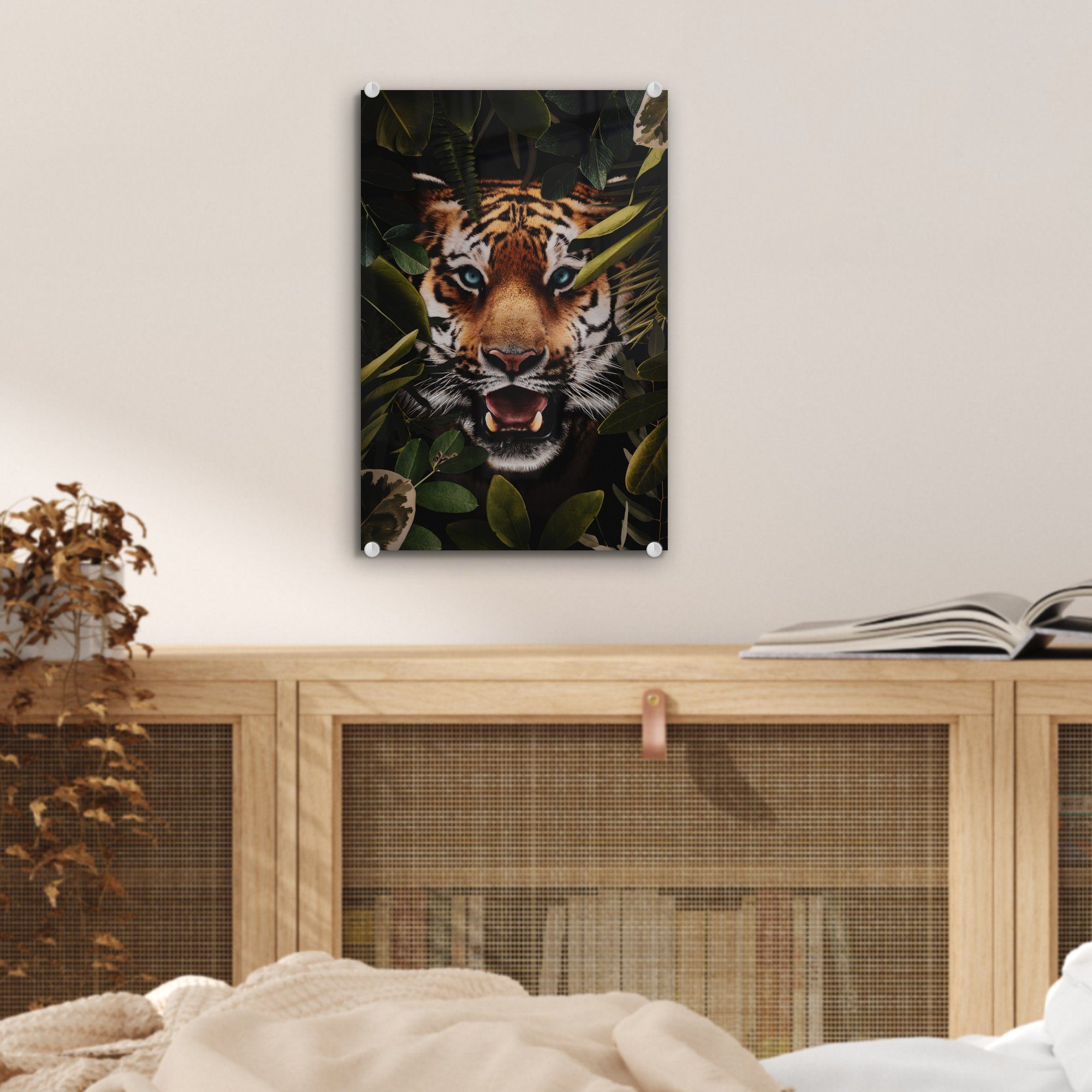 MuchoWow Acrylglasbild Tiger - Pflanzen (1 Glasbilder bunt auf Glas Wandbild Foto - Wanddekoration Grün, - auf St), - - Glas Bilder