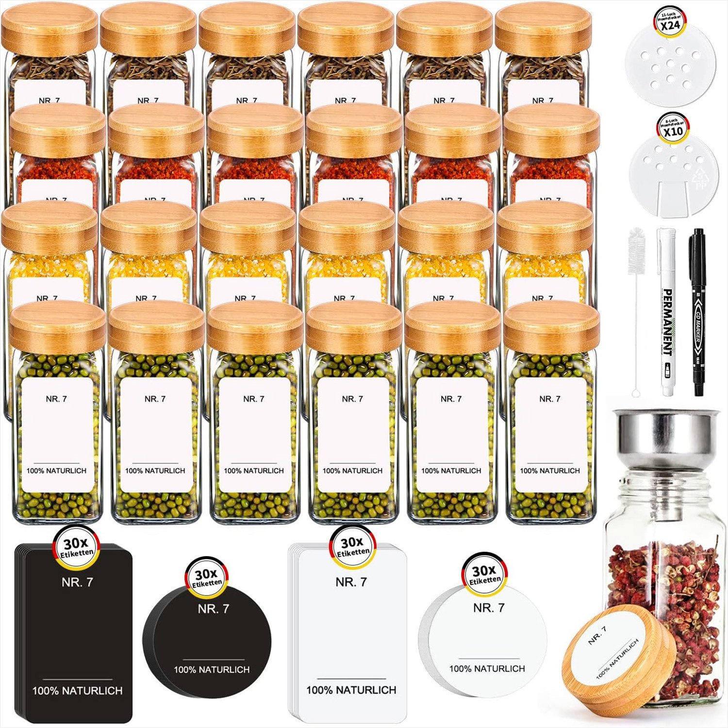 KingLux Gewürzbehälter 24Stk.Gewürzdosen aus Glas Gewürzgläser Eckig mit 120Gewürzetiketten, Bambus+Borosilikatglas, (24-tlg)