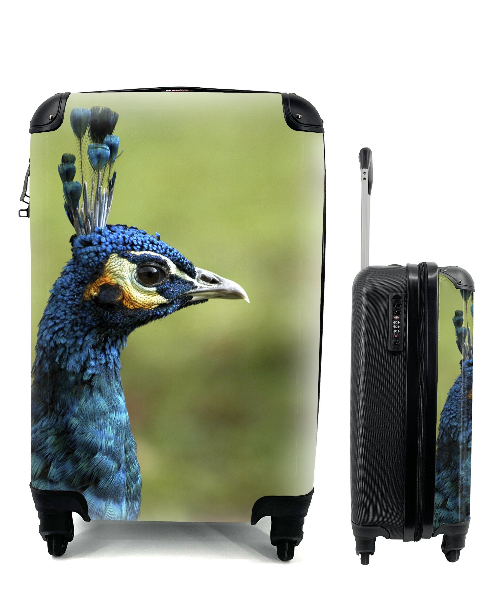 Ferien, 4 Blau, Pfau Rollen, rollen, MuchoWow - Porträt Reisetasche Trolley, Handgepäckkoffer für - Handgepäck mit Reisekoffer