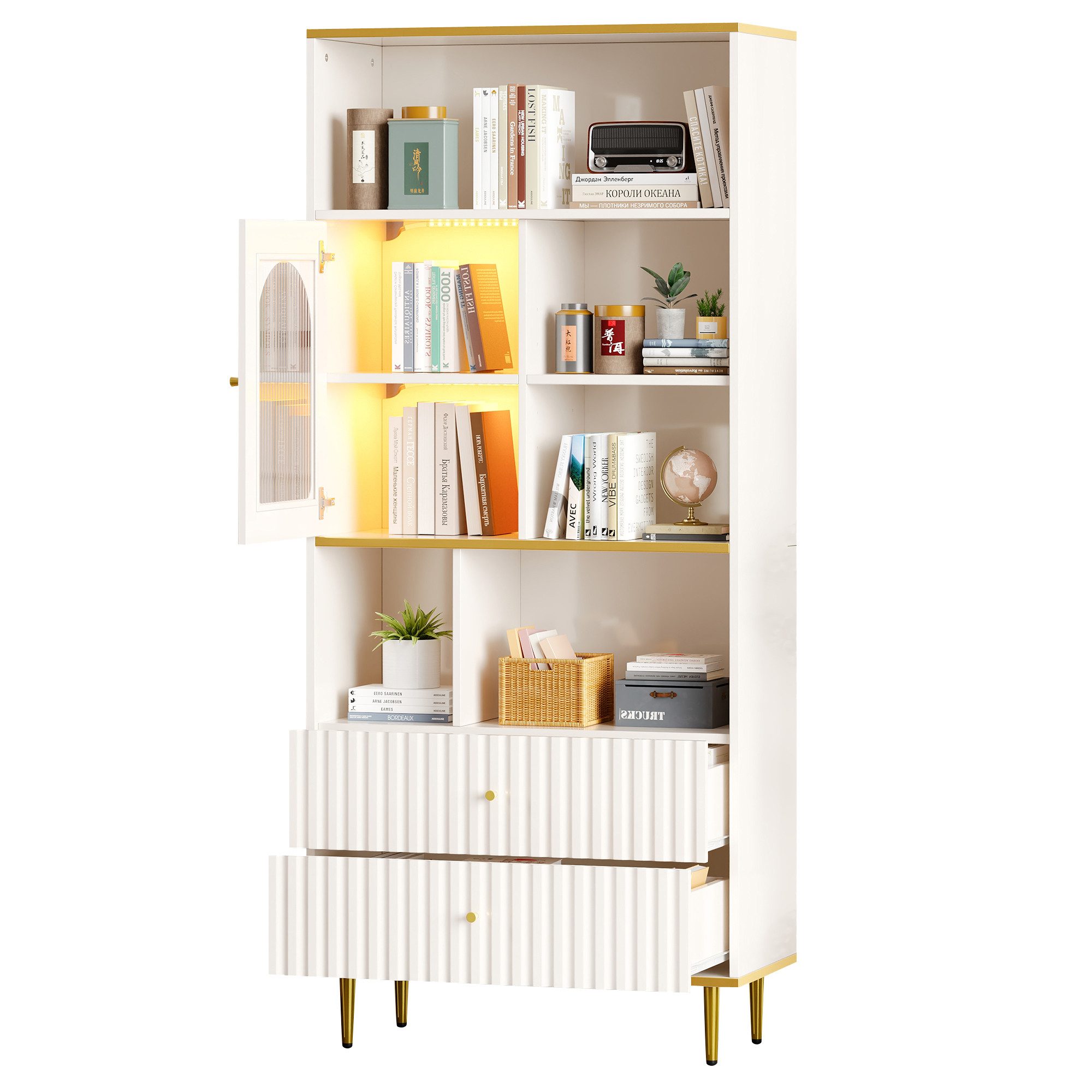 Bücherregal Vitrinen Glasfronten Schubladen-verstellbare Fachböden 78*36*190cm