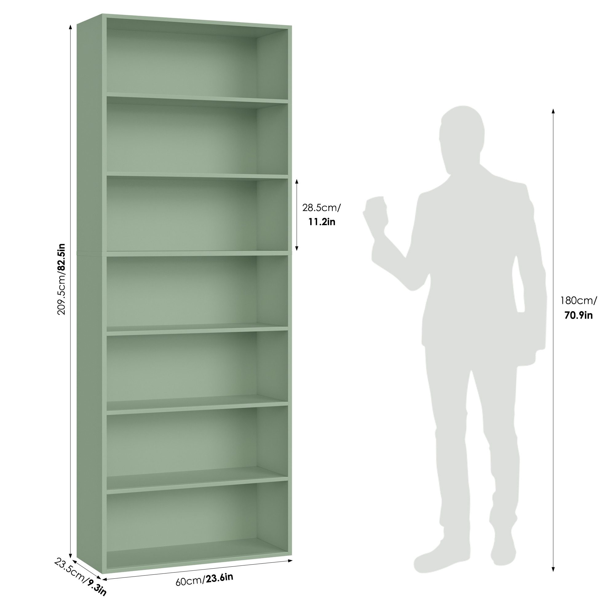 Homfa Bücherregal, 210cm Standregal, Bücherschrank mit 7 Fächern, grün