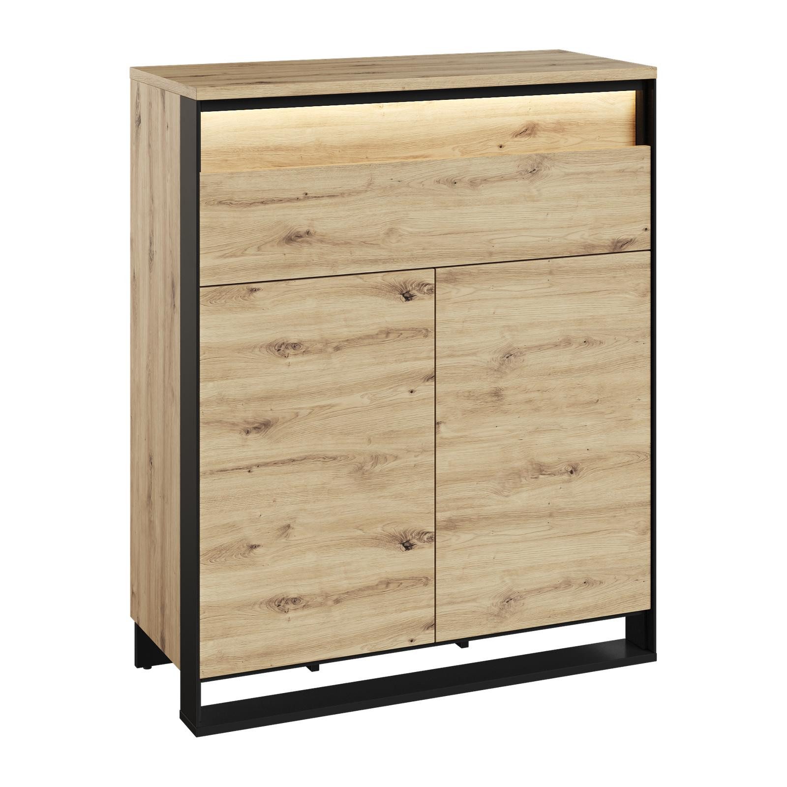 HAUSELEMENT Kommode QUANT QG-02, 2 Schubladen 2 Türen LED-Beleuchtung Sideboard 92 cm Push-to-Open Loft