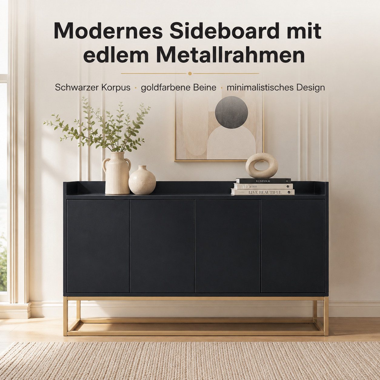 Simurq Sideboard Küchenschrank Mit Arbeitsplatte 120cm, Modernes Kommode Schrank (Packung, Modernes Sideboard Kommode Schrank Für Küche Wohnzimmer Flur), Buffetschrank Mit Verstellbares Regal Und Metallbeinen, 4 Türen