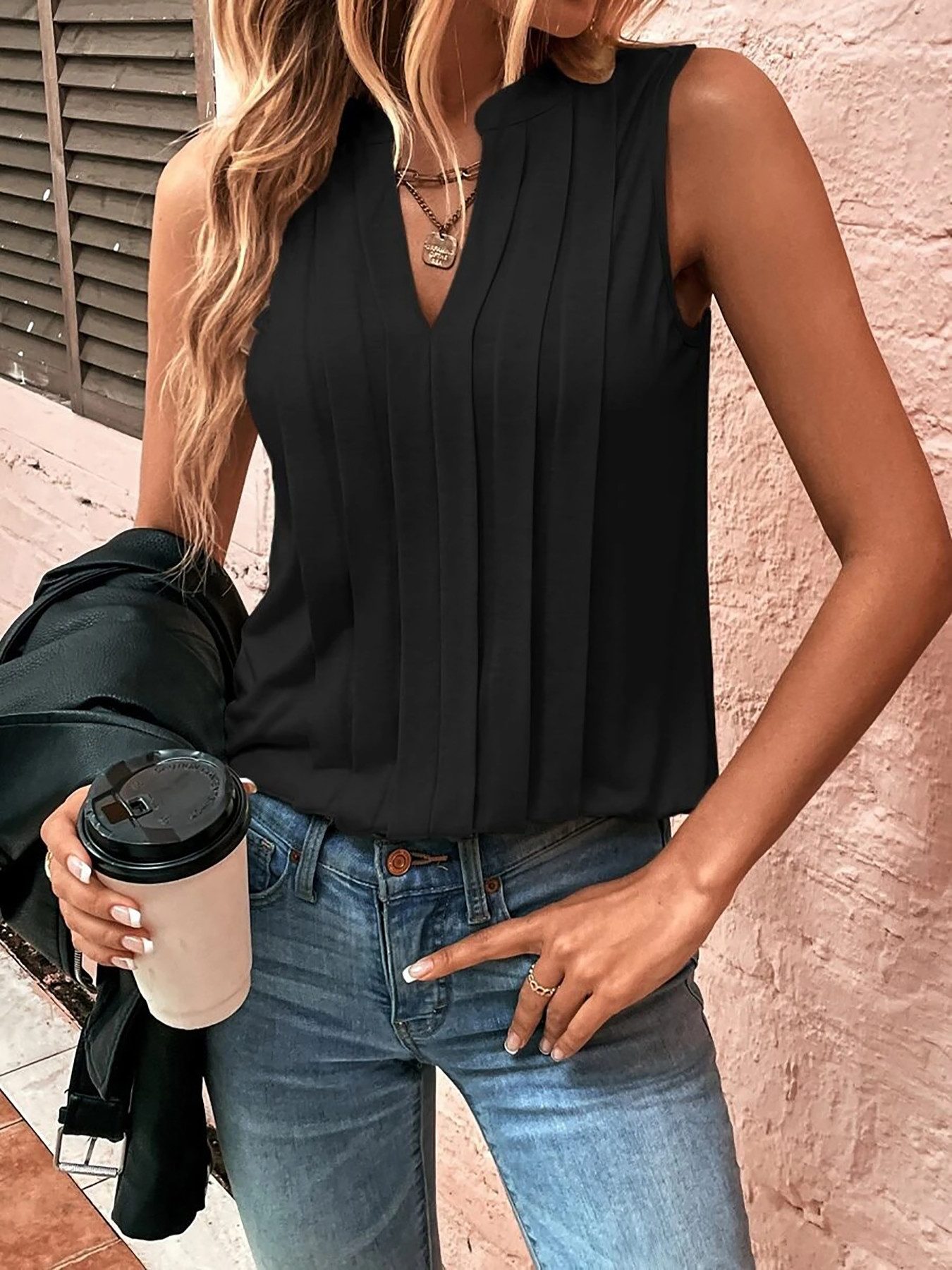 DEBAIJIA Kurzweste Damen Tank Top Plissee V-Ausschnitt Ärmellos T-Shirt Sommer Elegant – Bild 3 von 5