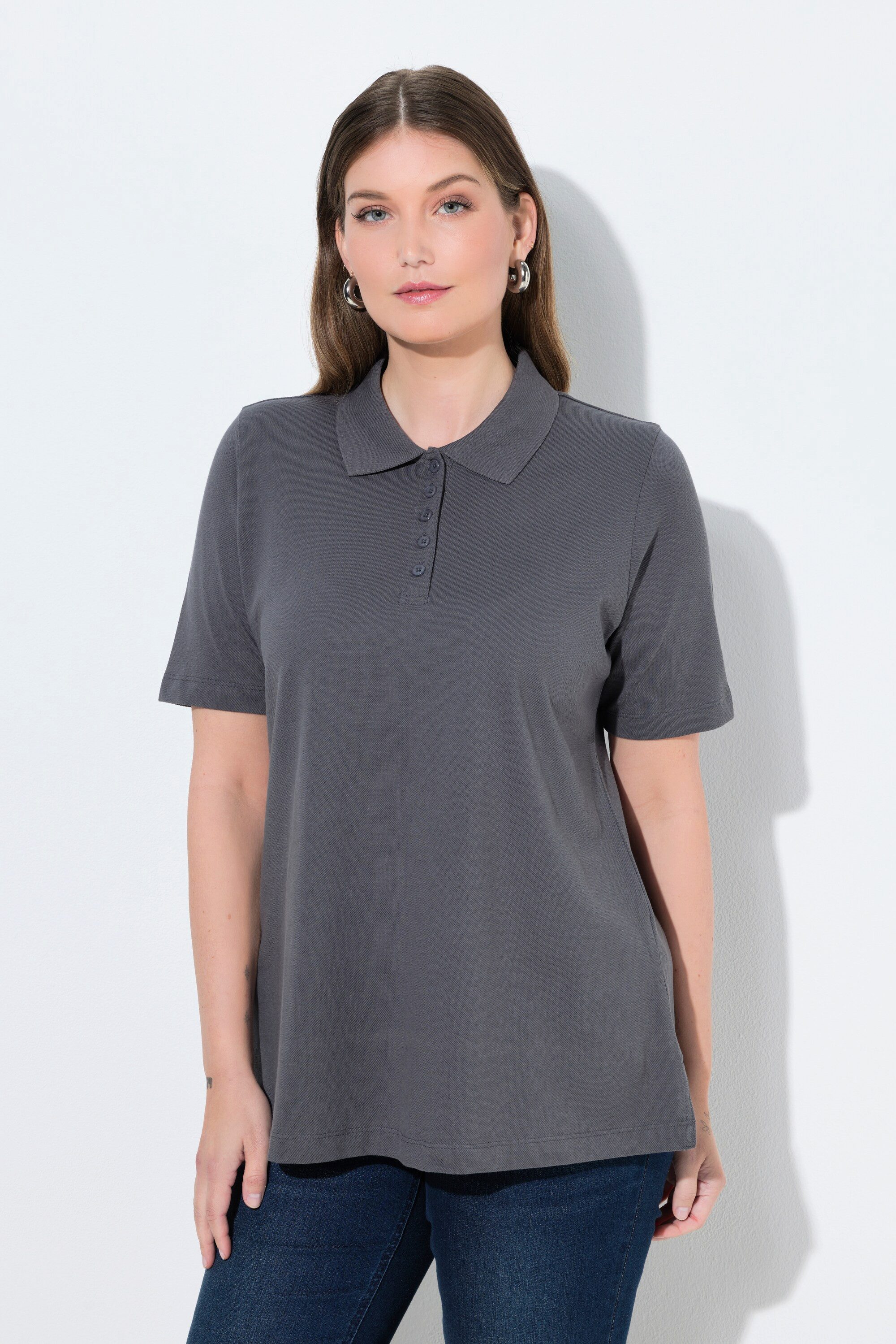 Ulla Popken Poloshirt Poloshirt längere Knopfleiste Polokragen Halbarm