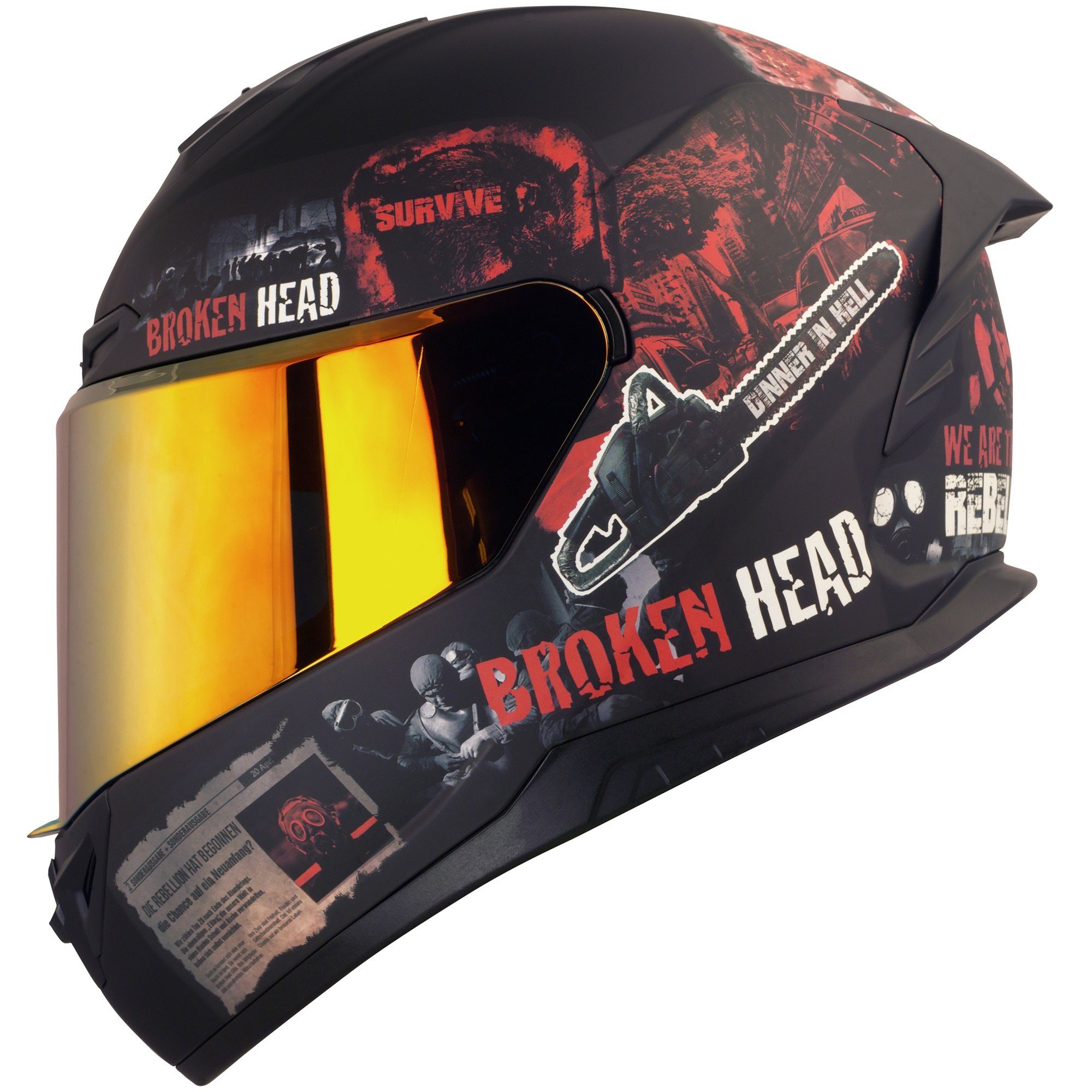 Broken Head Motorradhelm Broken Head Integralhelm Resolution Rot Set + Rot-Verspiegeltes Visier (Mit Rot verspiegeltem Visier), Mit Symbolen der Revolution!