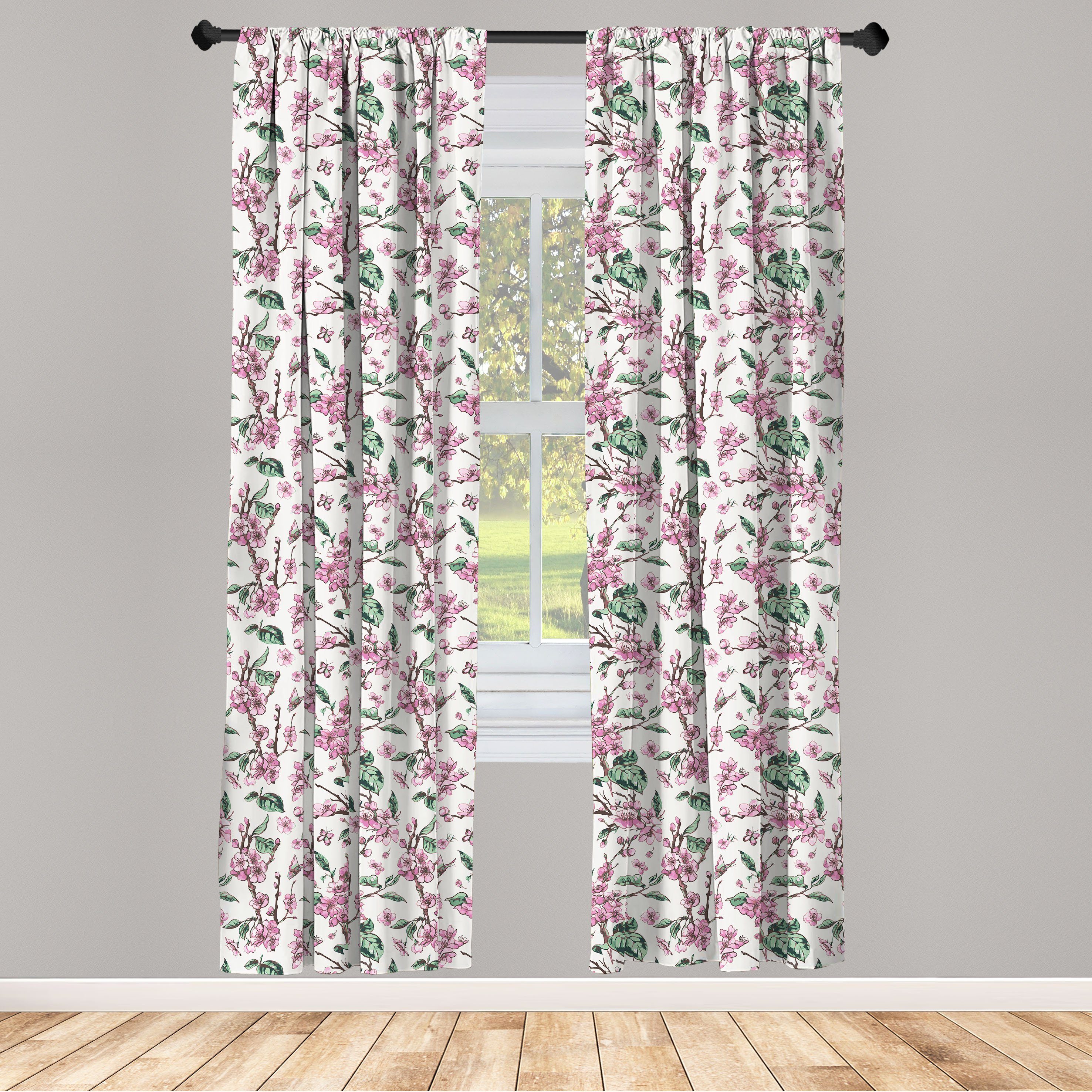 Gardine Vorhang für Wohnzimmer Schlafzimmer Dekor, Abakuhaus, Microfaser, Blumen Vintage-Blüten-Schmetterlinge