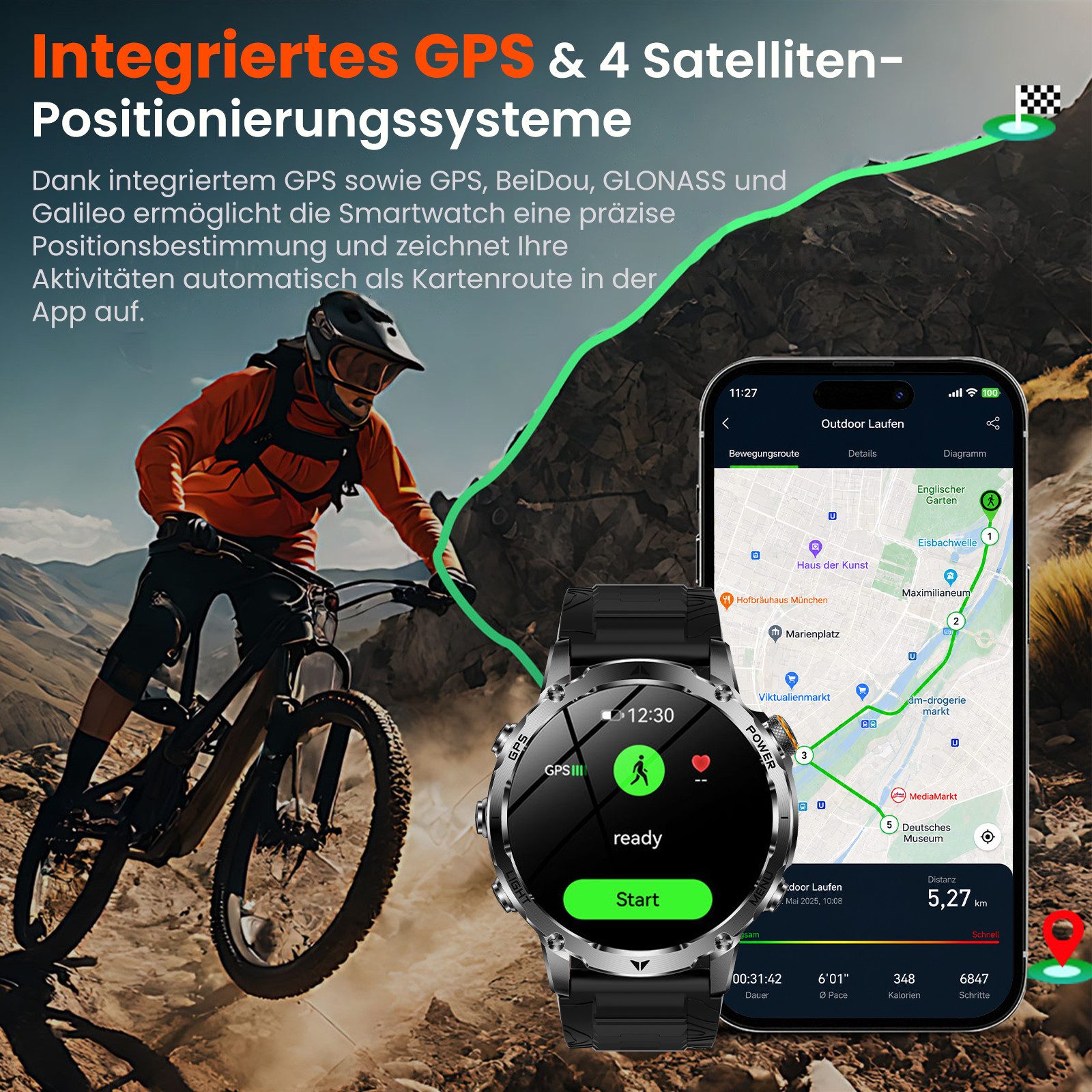 SWGOTA 1500mAh Smartwatch Herren mit GPS integriert,24/7 Pulsuhr,SpO₂,Militär Smartwatch 1,8"AMOLED Fitness Tracker mit Schlafmonitor,100+Sportmodi,Kompass, Barometer,Höhenmesser,LED Taschenlampe, IP68 Sportuhr Outdoor