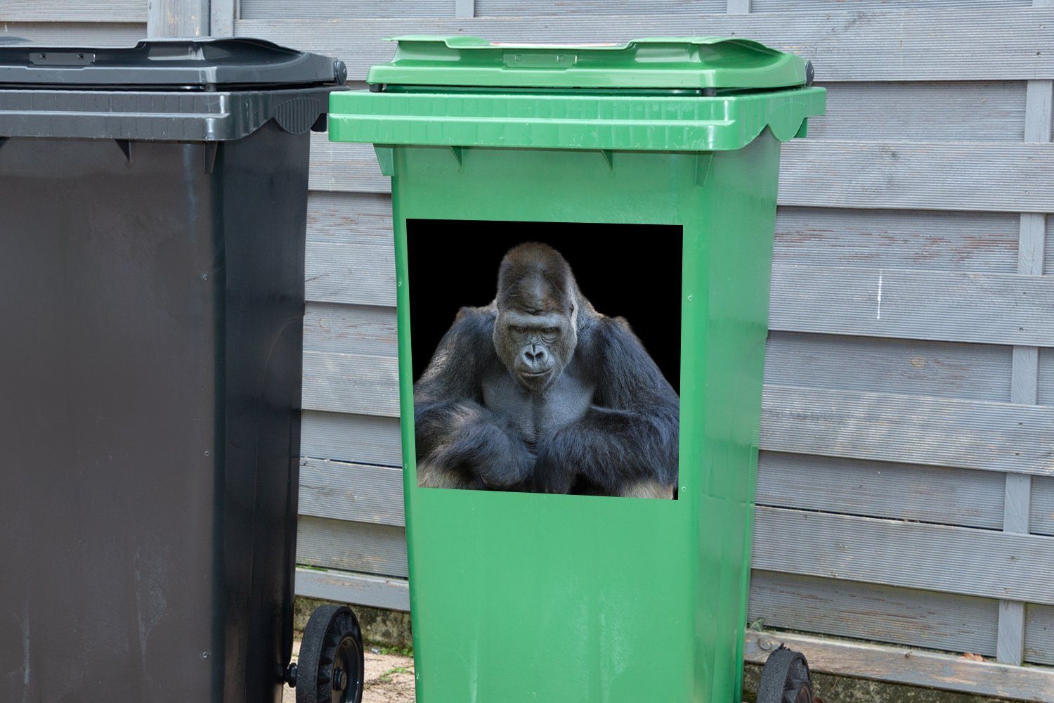 Wandsticker MuchoWow Mülltonne, Ein in Kamera St), die (1 Container, Mülleimer-aufkleber, schaut eindrucksvoll Abfalbehälter Gorilla Sticker,