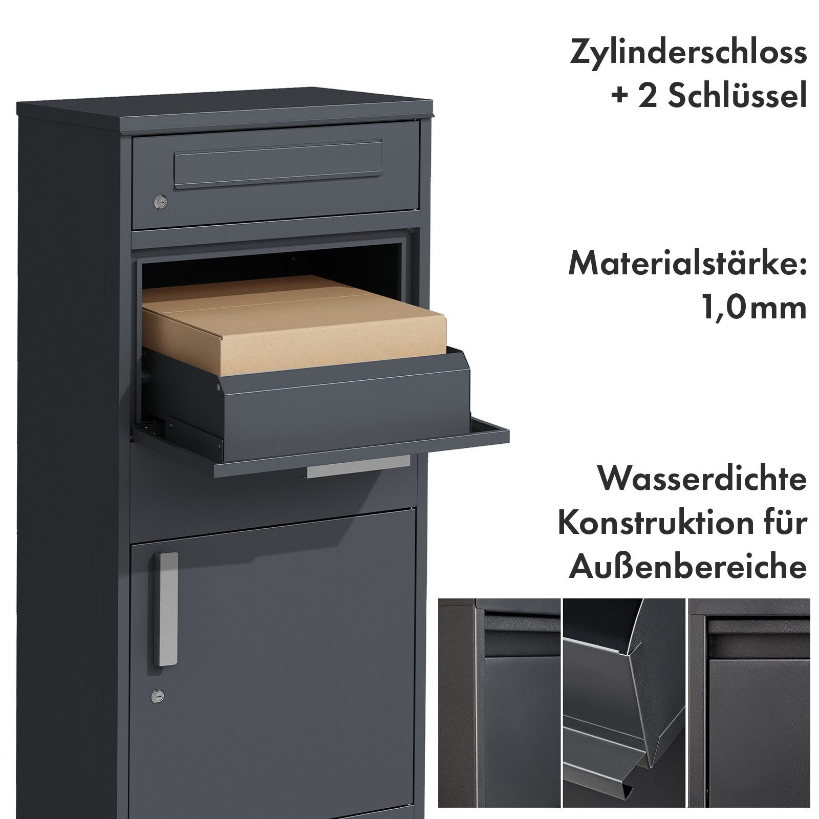 Kubus Paketbox mit Briefkasten Mathieu, Stahl-Paketkasten mit wasserfestem Schutz, Integriertes Schloss in Anthrazit
