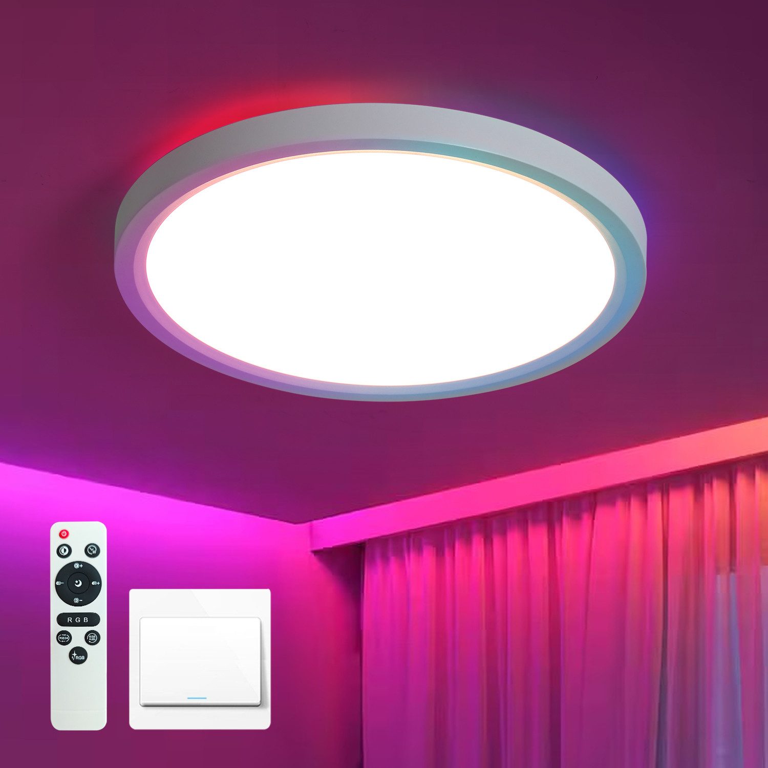 JDONG LED Deckenleuchte RGBIC 24W/36W, Led Deckenlampe dimmbar mit mit Fernbedienung, Deckenlampe Rund Flach Ø30cm/40cm, LED fest integriert, Deckenbeleuchtung 3000K-6500K, für Schlafzimmer Küche Wohnzimmer