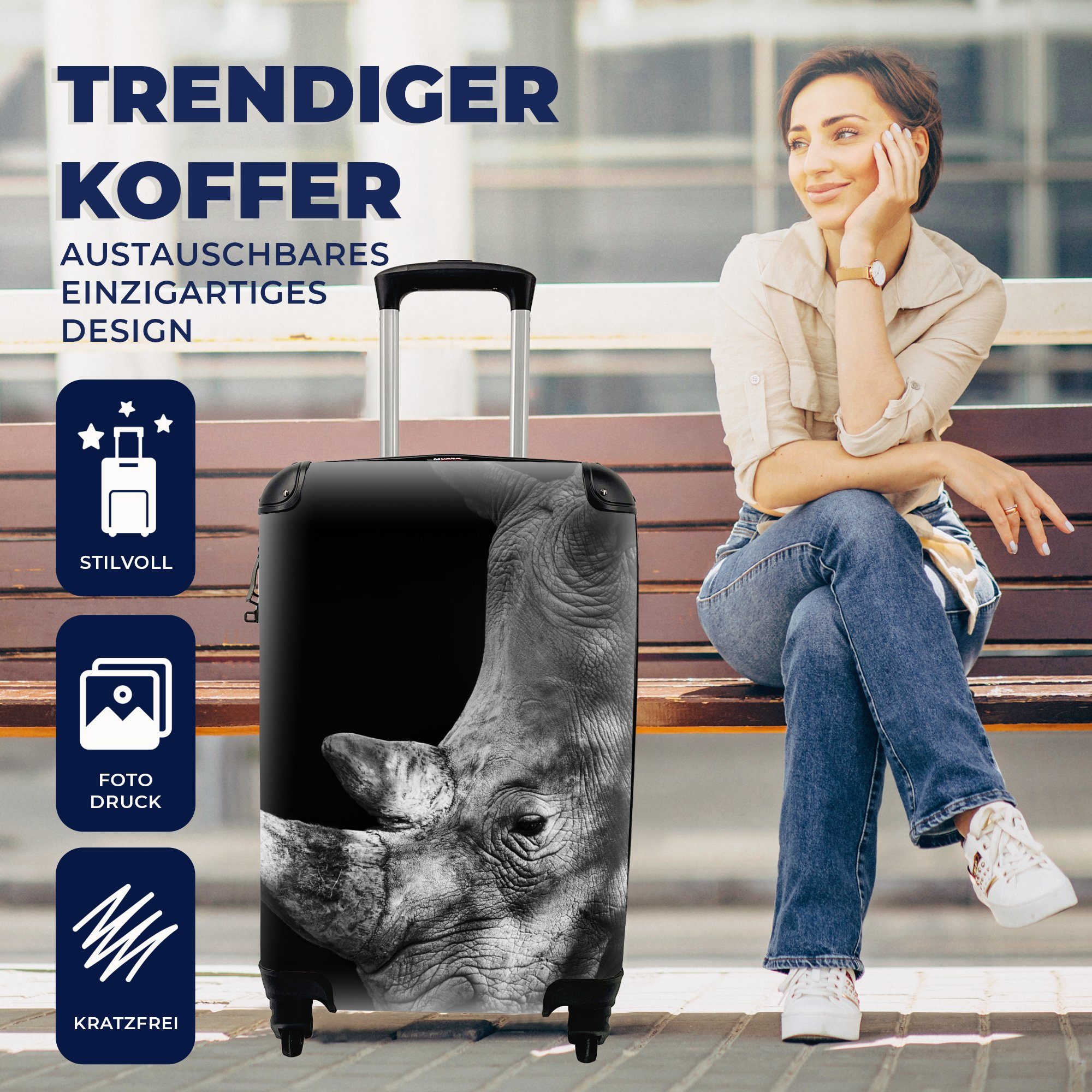 Reisetasche Tier Rhinozeros Trolley, Rollen, Licht, Handgepäck - MuchoWow 4 rollen, Handgepäckkoffer Reisekoffer für - mit Ferien,