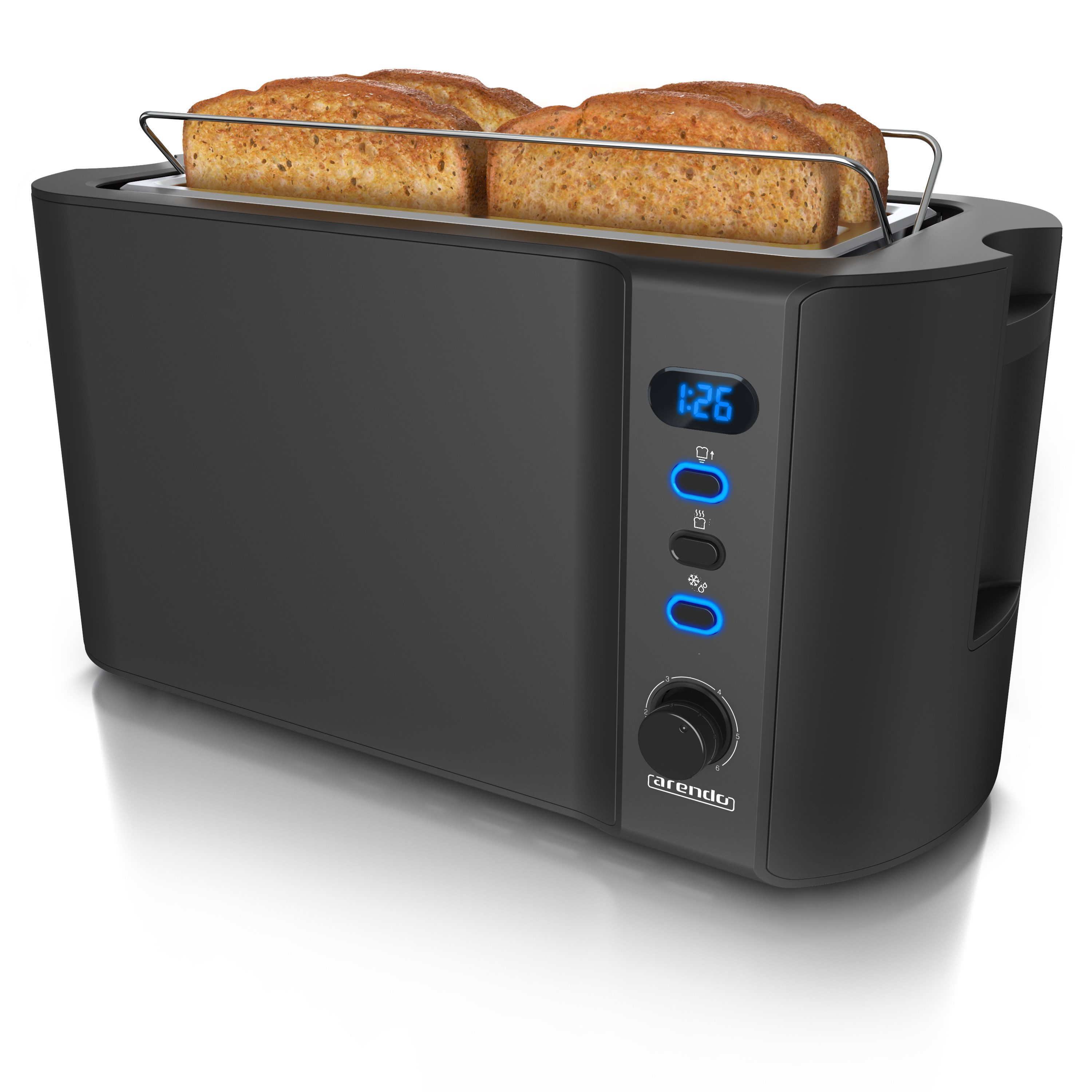 Arendo Toaster Edelstahl, Langschlitz, Display mit Restzeitanzeige, Krümelschublade, 2 lange Schlitze, für 4 Scheiben, 1500 W, Defrost Funktion, Wärmeisolierendes Gehäuse, mit Brötchenaufsatz