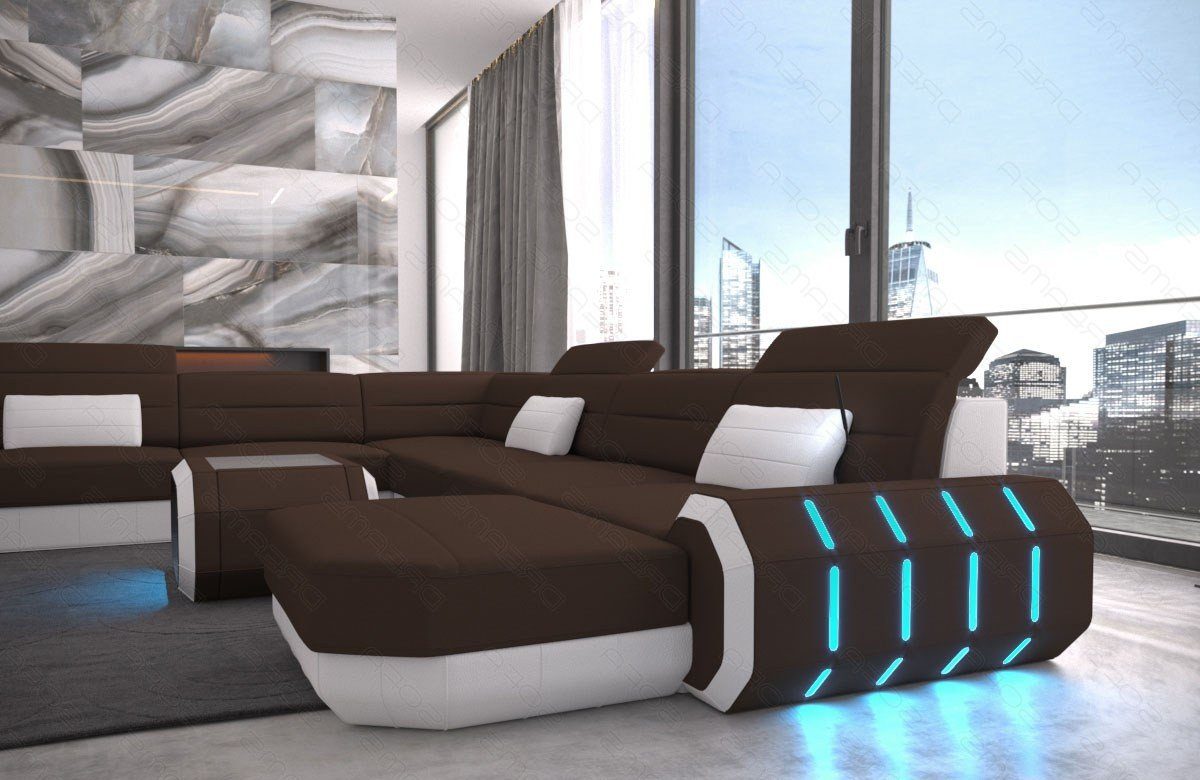 Sofa Dreams Wohnlandschaft dunkelbraun-weiß Couch Stoffsofa, Roma XXL Designer Bettfunktion wahlweise mit Polster Sofa Stoff M Mikrofaser