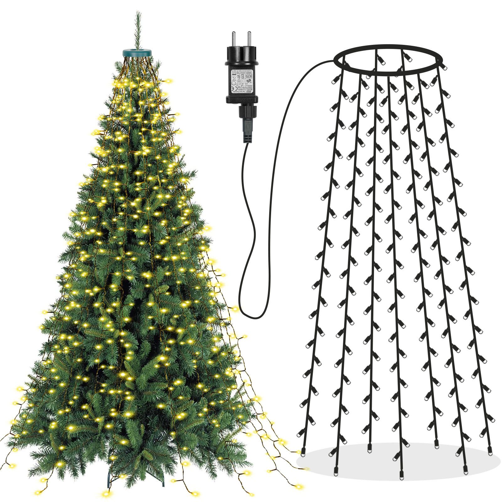 LMaxhome LED-Lichterkette Baumbeleuchtung Wasserfall Lichterkette mit Sterne Weihnachtsbaum Deko, 400-flammig, 3M, 490-flammig, 8 Modi Timer, Topper Star, Wasserdicht, Aussen, Innen