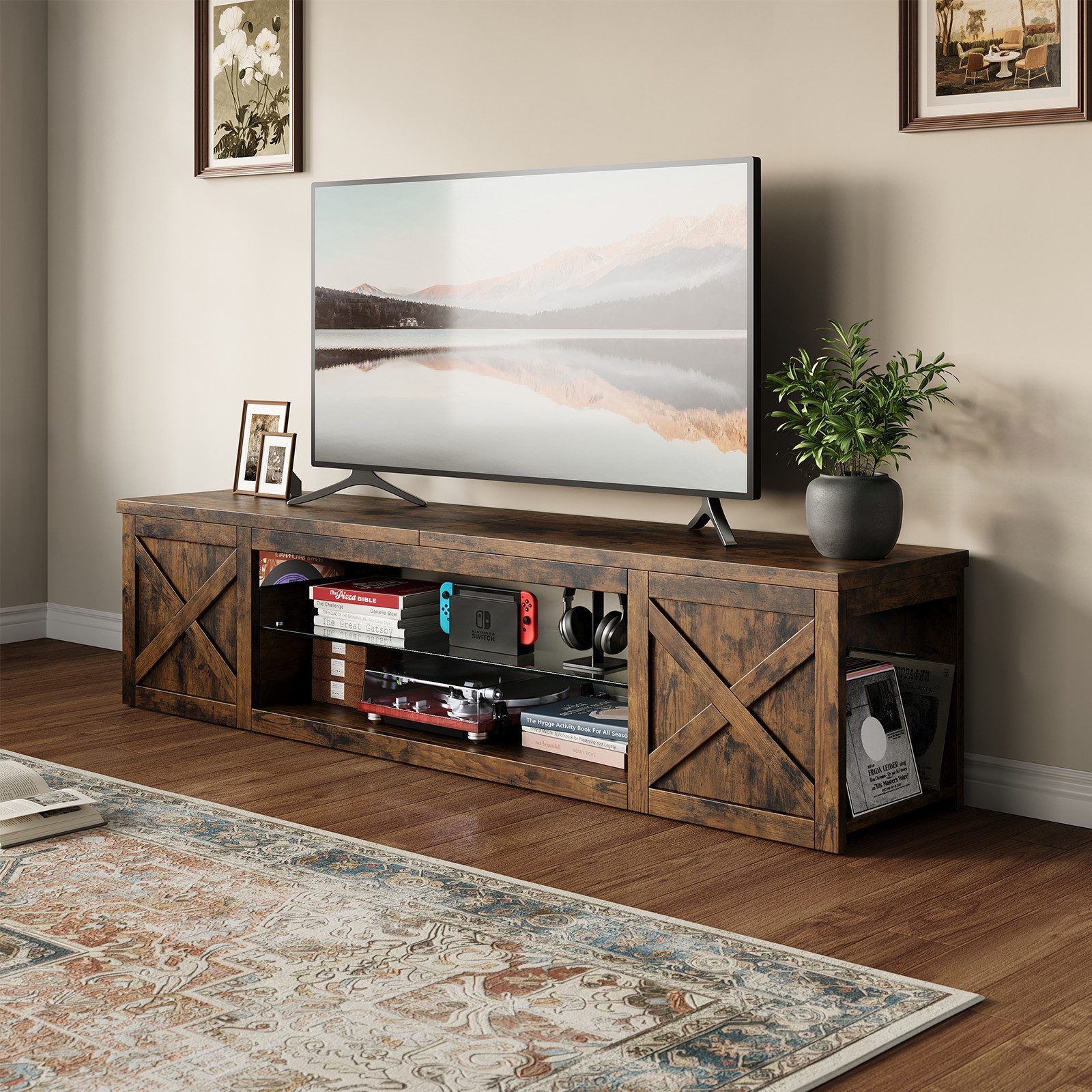 Patbrela TV-Schrank Landhausstil mit RGB-LED verstellbarem Einlegeboden & offenem Stauraum