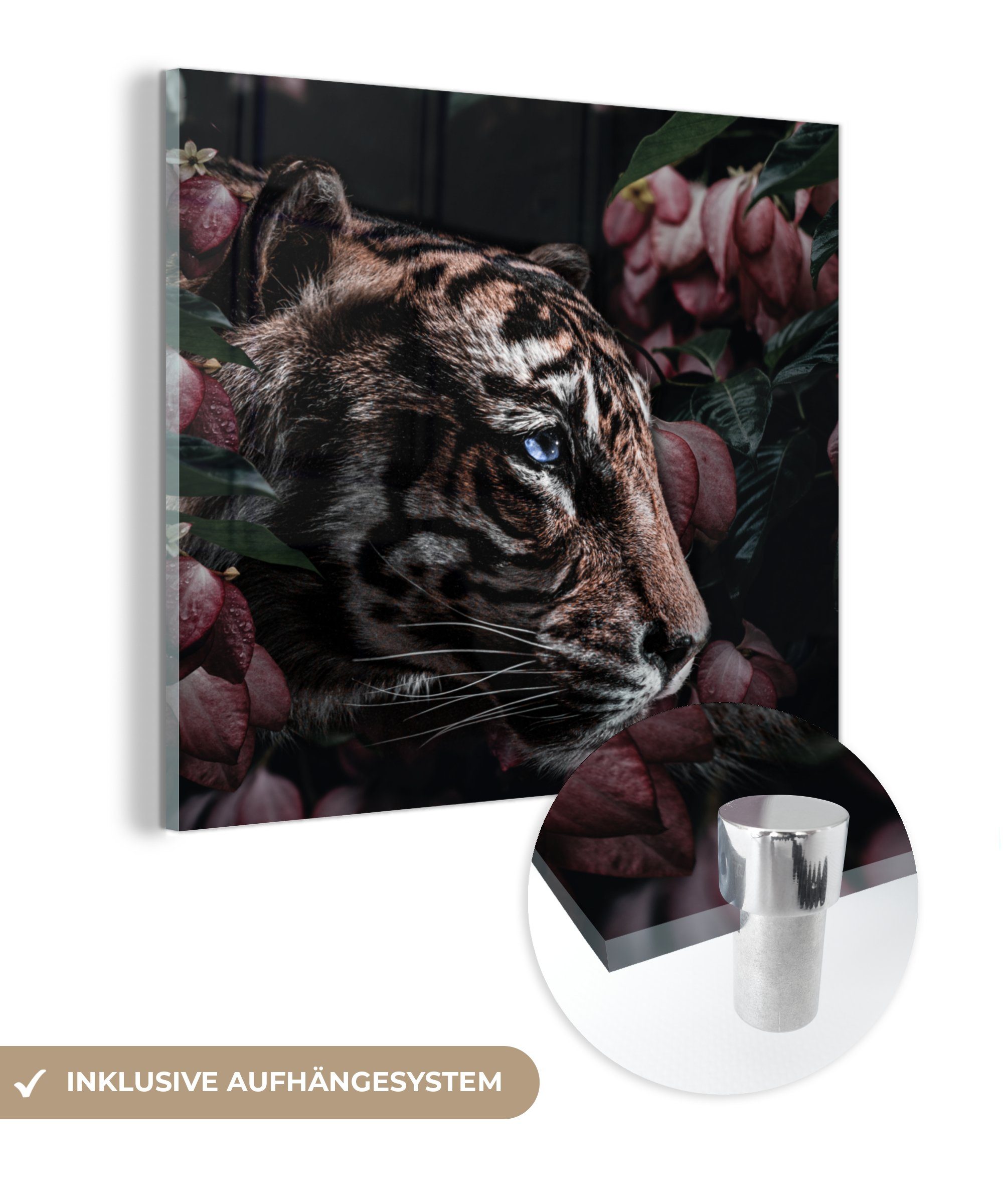 MuchoWow Acrylglasbild Tiger - Blumen - Pflanze, (1 St), Glasbilder - Bilder auf Glas Wandbild - Foto auf Glas - Wanddekoration | Bilder