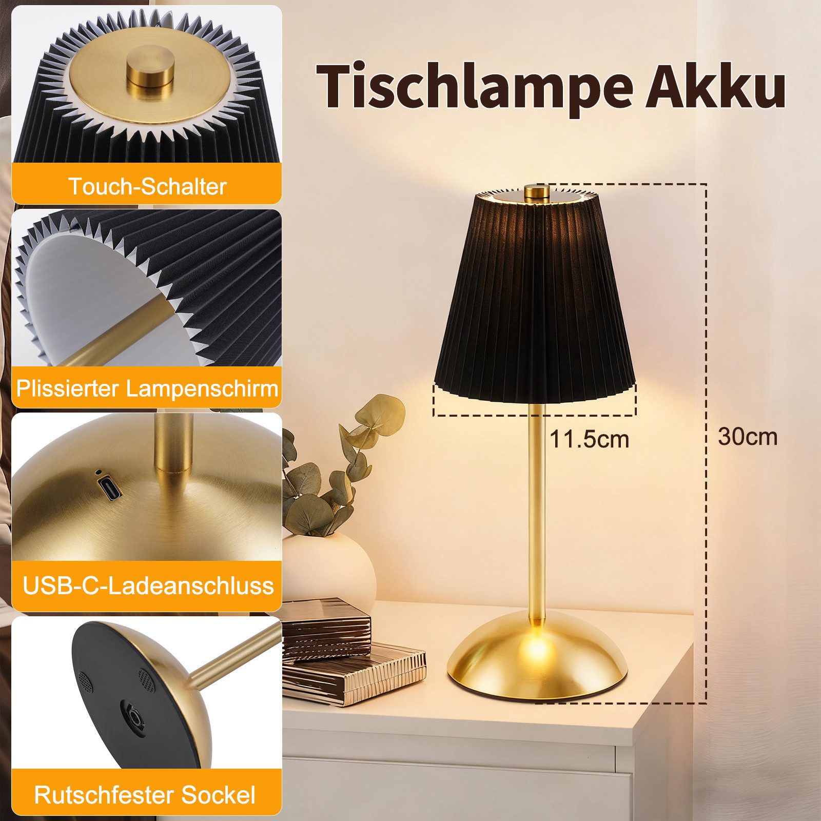 ZMH LED Tischleuchte 2er Set Akku Touch Nachttischlampe - Dimmbar 3 Farbtemperature mit USB, 3000-6500K