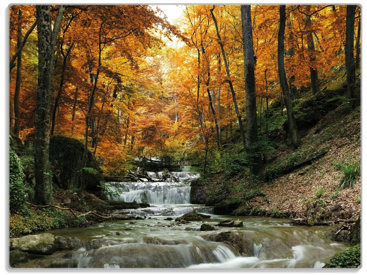 Wallario Schneidebrett Kleiner Bach über Steine im Herbstwald, ESG-Sicherheitsglas, (inkl. rutschfester Gummifüße 4mm, 1-St), 30x40cm