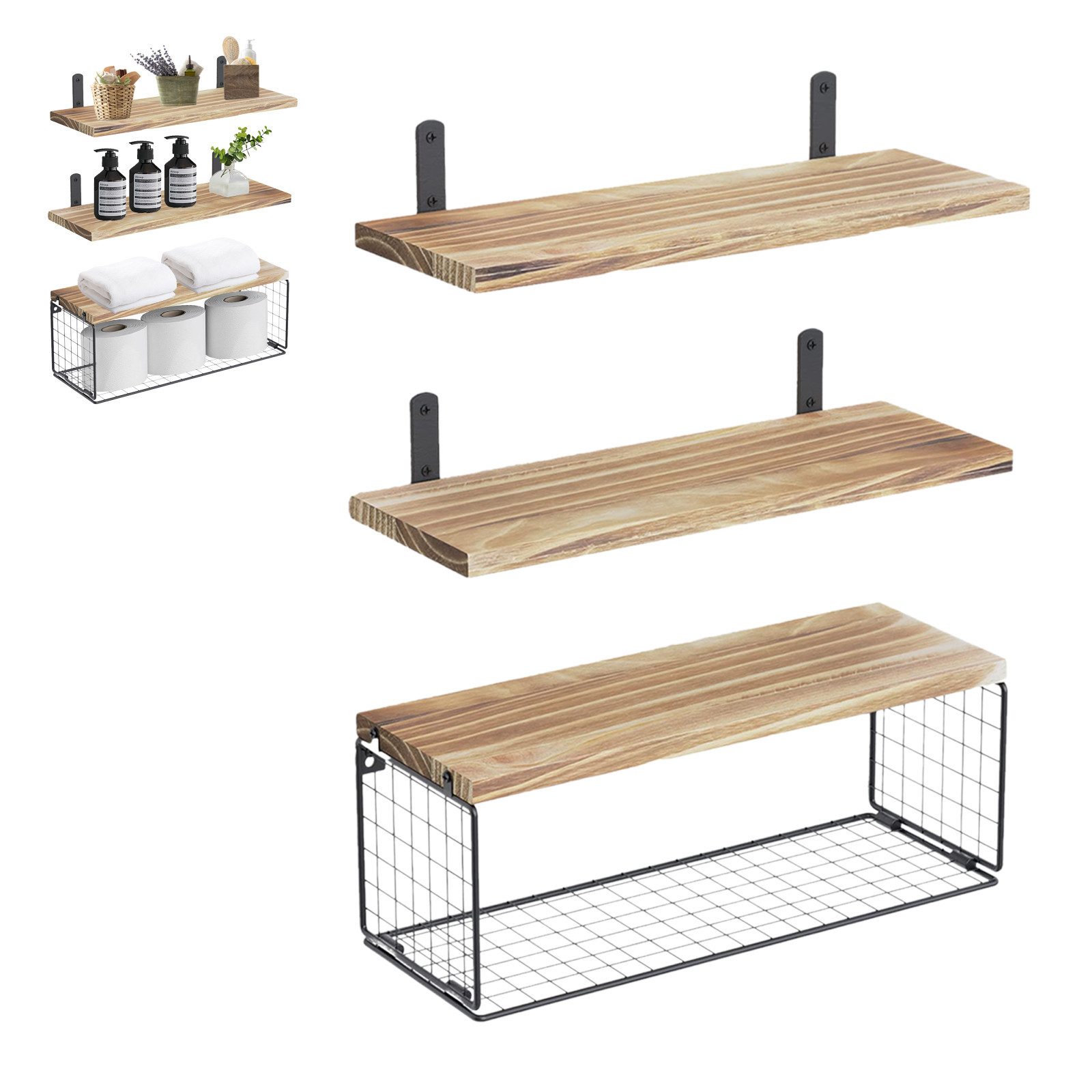Wandregal 3er-Set Bücherregal Duschablage Hängeregal Küchenregal Massivholz