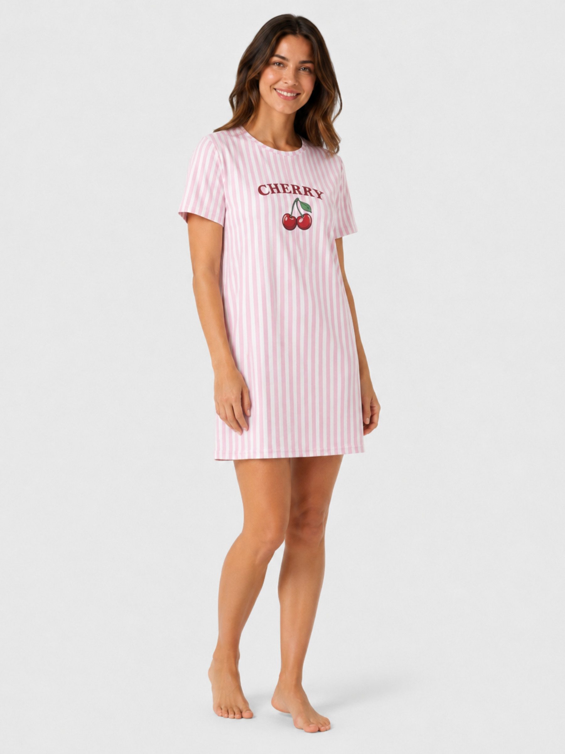 Elegant Love Nachthemd Nachtwäsche mit Buchstabenprint – Bequeme Damen-Schlafbekleidung Leichte Loungewear mit Streifendesign & Kirschprint, Sommer-Schlafmode – Bild 3 von 5