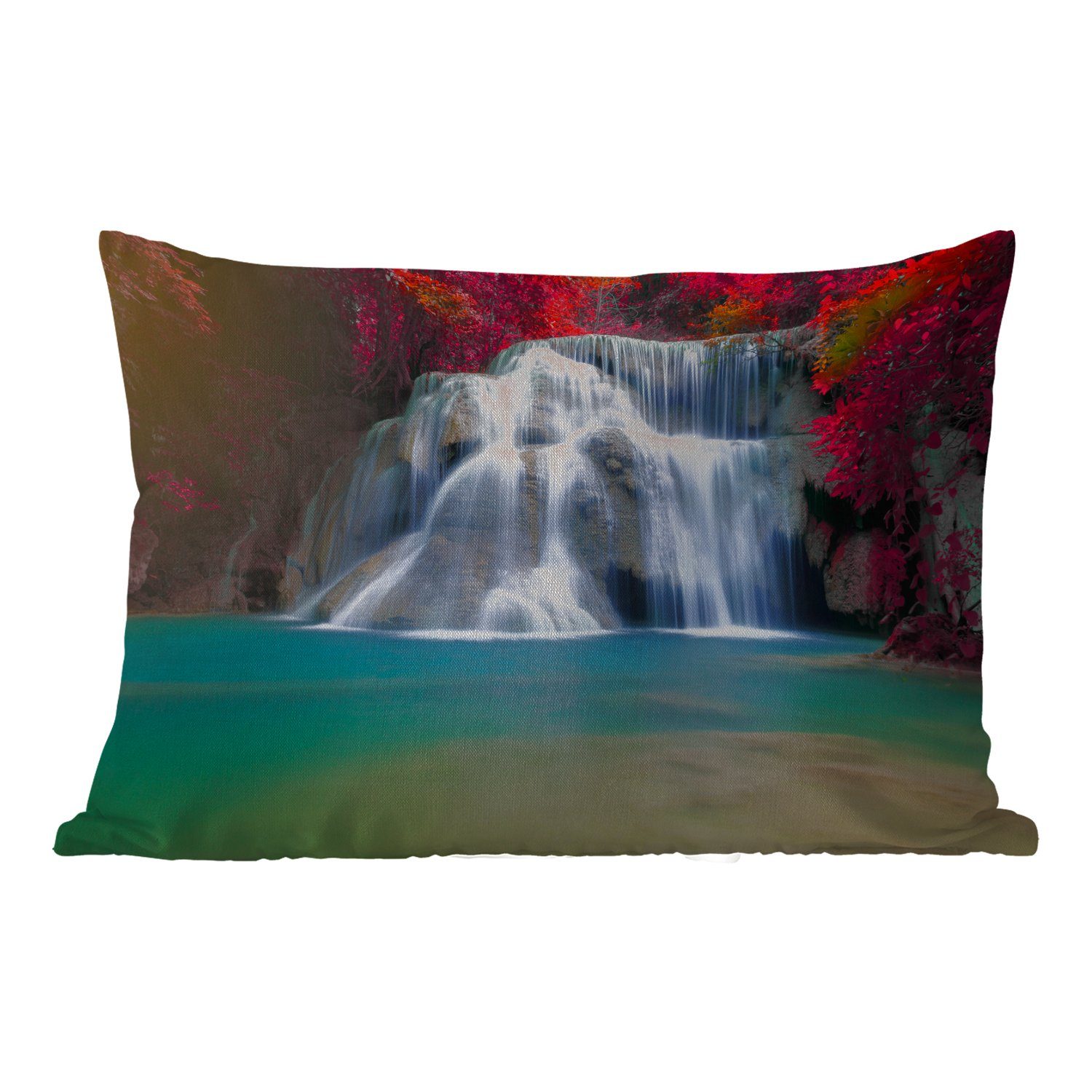 MuchoWow Dekokissen Wasserfall - Bäume - Rot - Landschaft - Natur, Outdoor-Dekorationskissen, Polyester, Dekokissenbezug, Kissenhülle