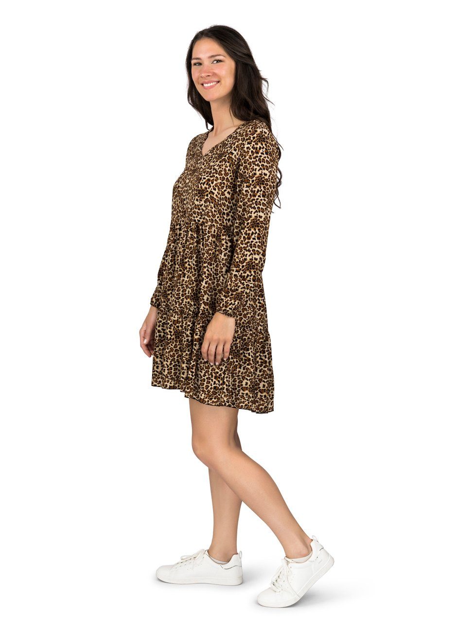 DENIMFY Sommerkleid Damen Kleid DFIda A-Linie langarm Freizeitkleid mit V-Ausschnitt aus 100% Viskose