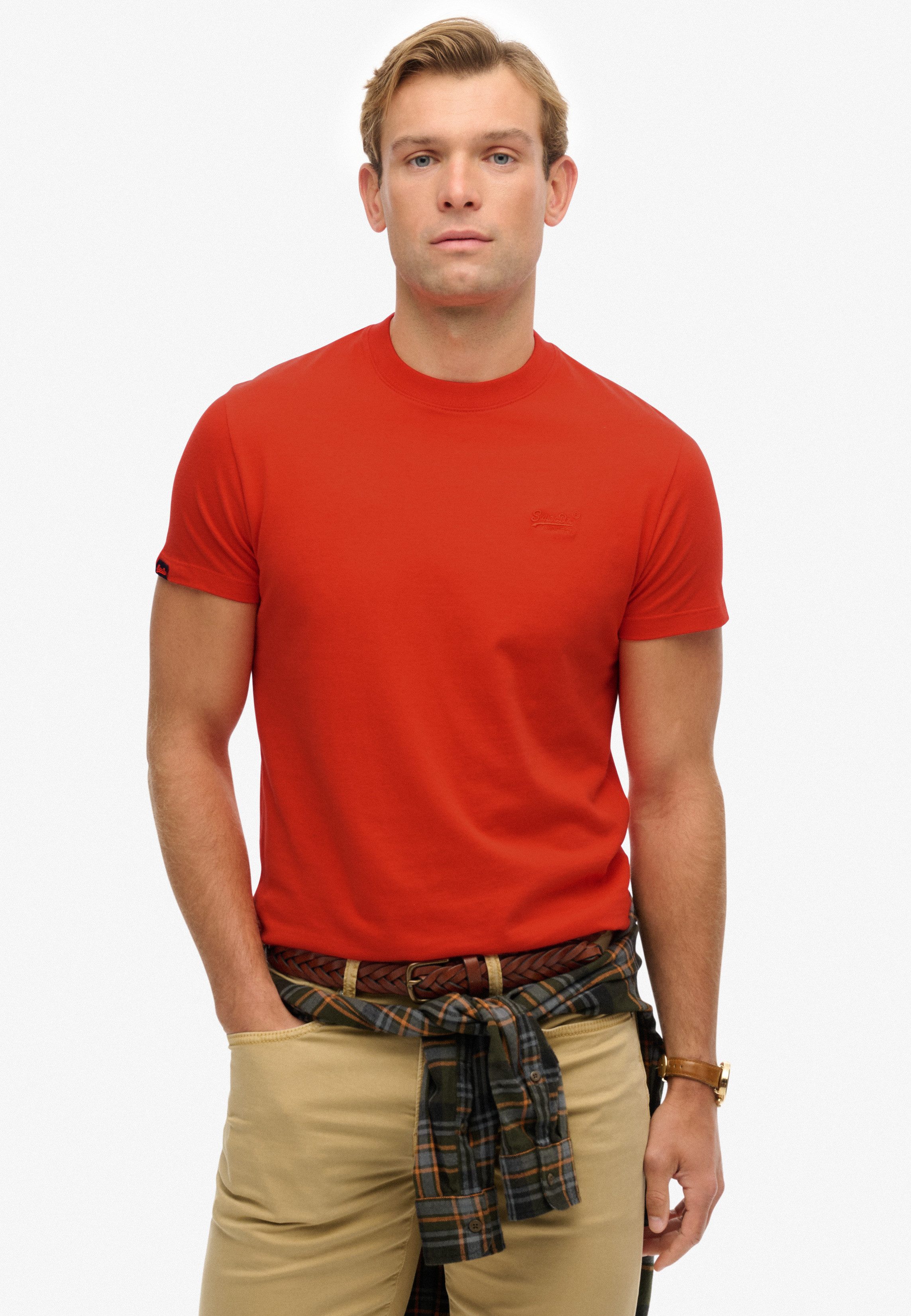 Superdry Rundhalsshirt ESSENTIAL LOGO EMB TEE aus Baumwolle und Single Jersey, Slim Fit, Kurzarm, hüftlang