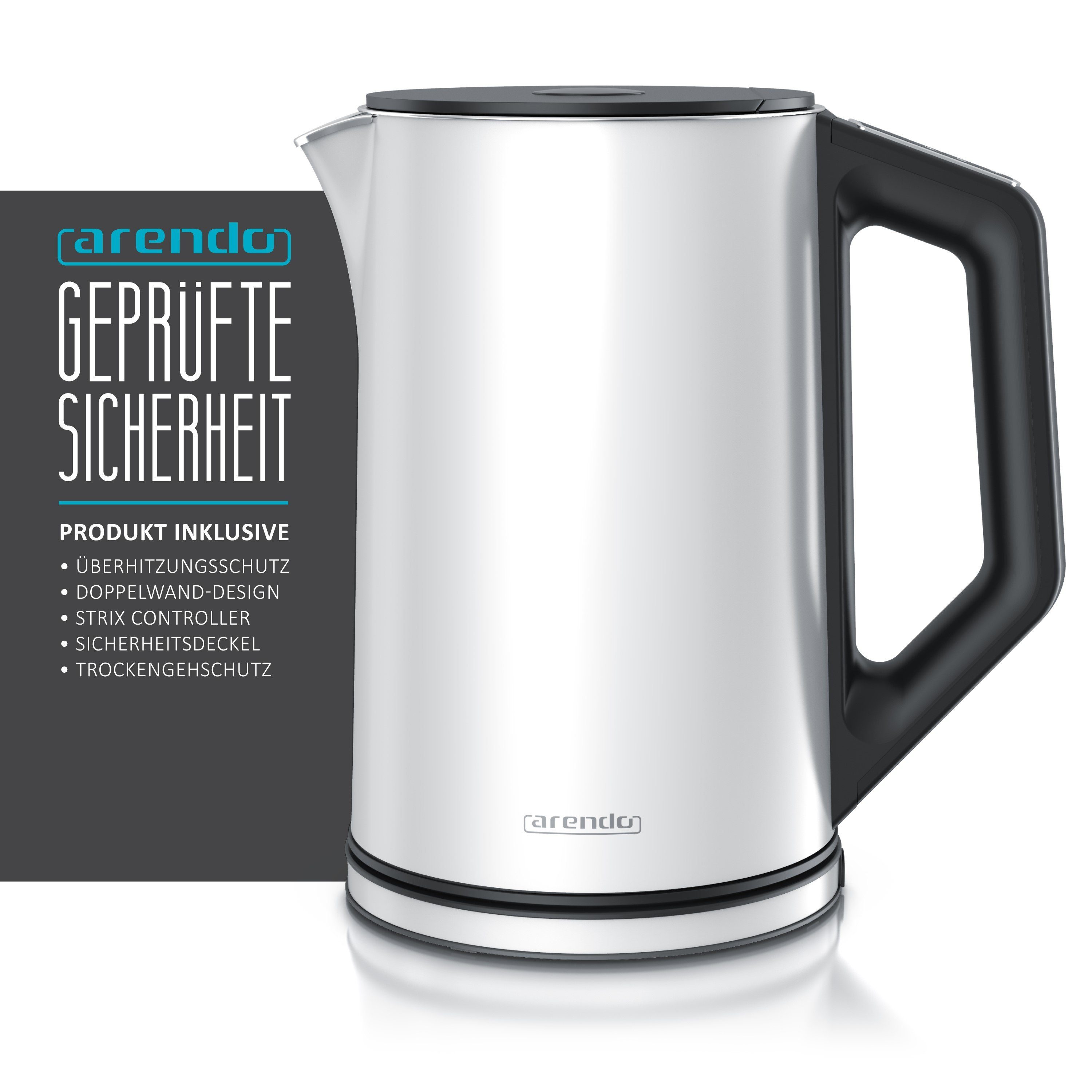 Arendo Frühstücks-Set Wasserkocher 1,5l & 2-Scheiben Langschlitz Toaster, Edelstahl, Weiß (2-tlg), Wasserkocher mit Temperaturwahl, Toaster mit Brötchenaufsatz