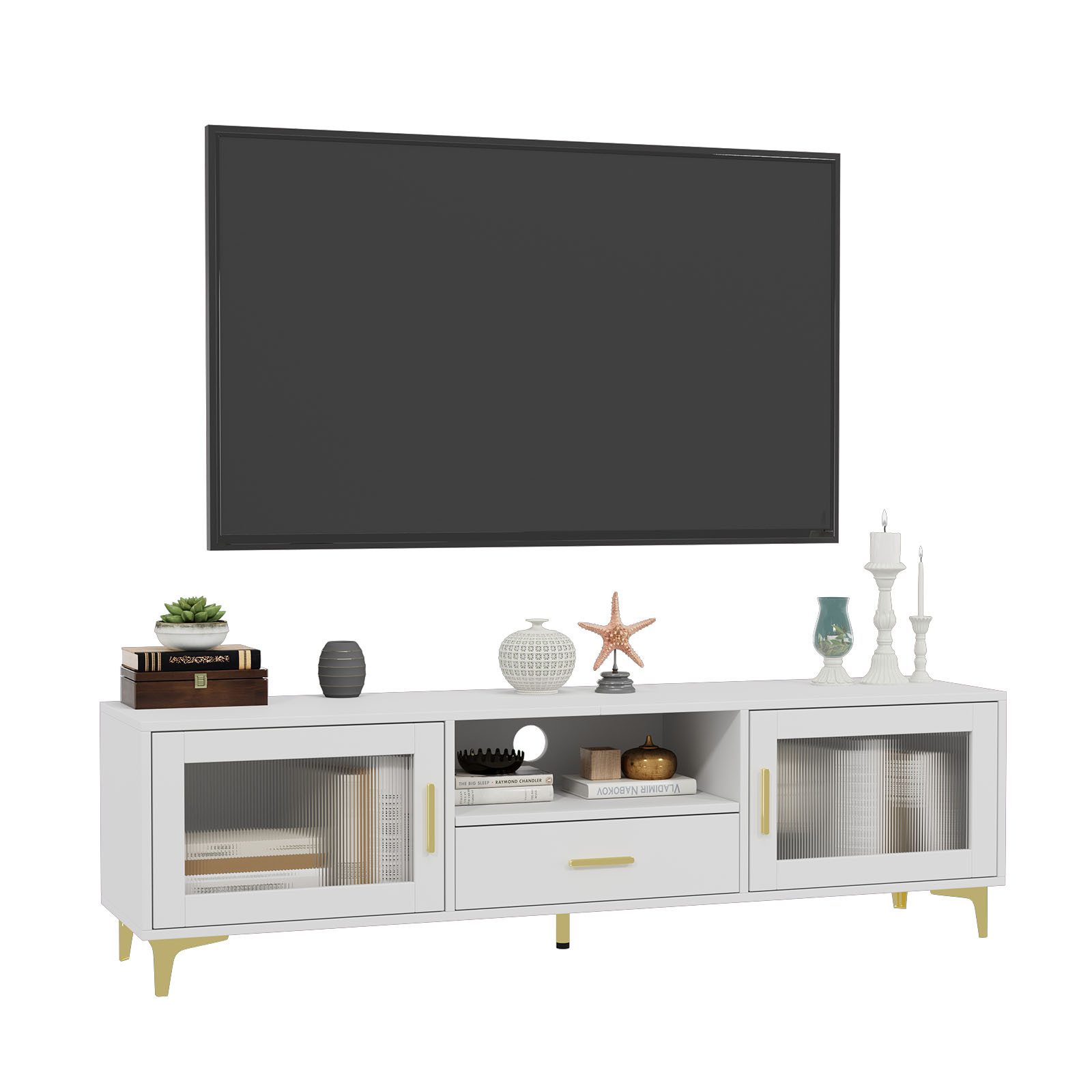 VOWNER Lowboard TV-Schrank für Fernseher bis 65 Zoll, mit offenem Stauraum, Schubladen (1 St), für Wohnzimmer u. Schlafzimmer, 150x35x43cm