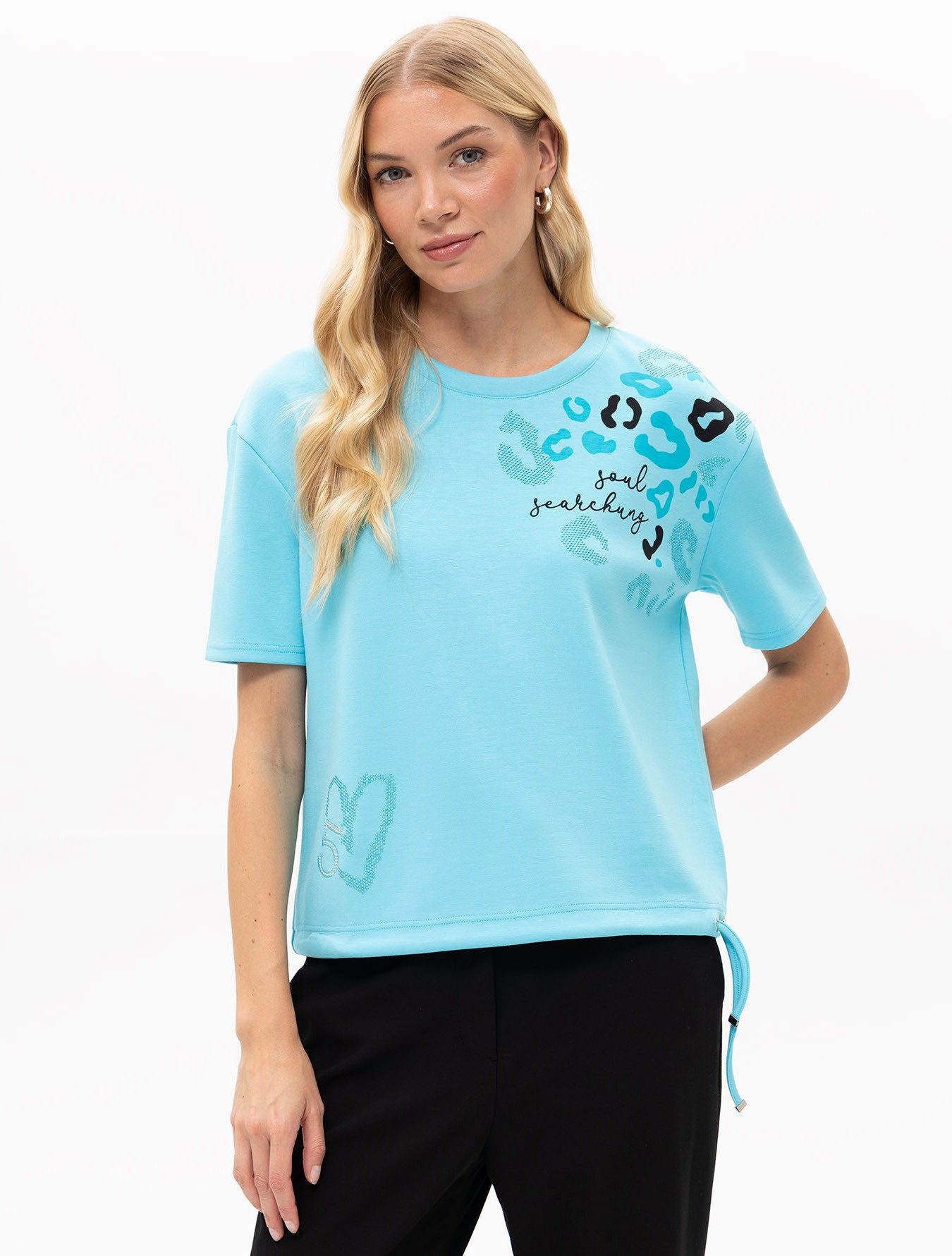 Passioni T-Shirt in Türkis mit Leo- Print T-Shirt mit Mustermix und Glitzersteinen in Türkis