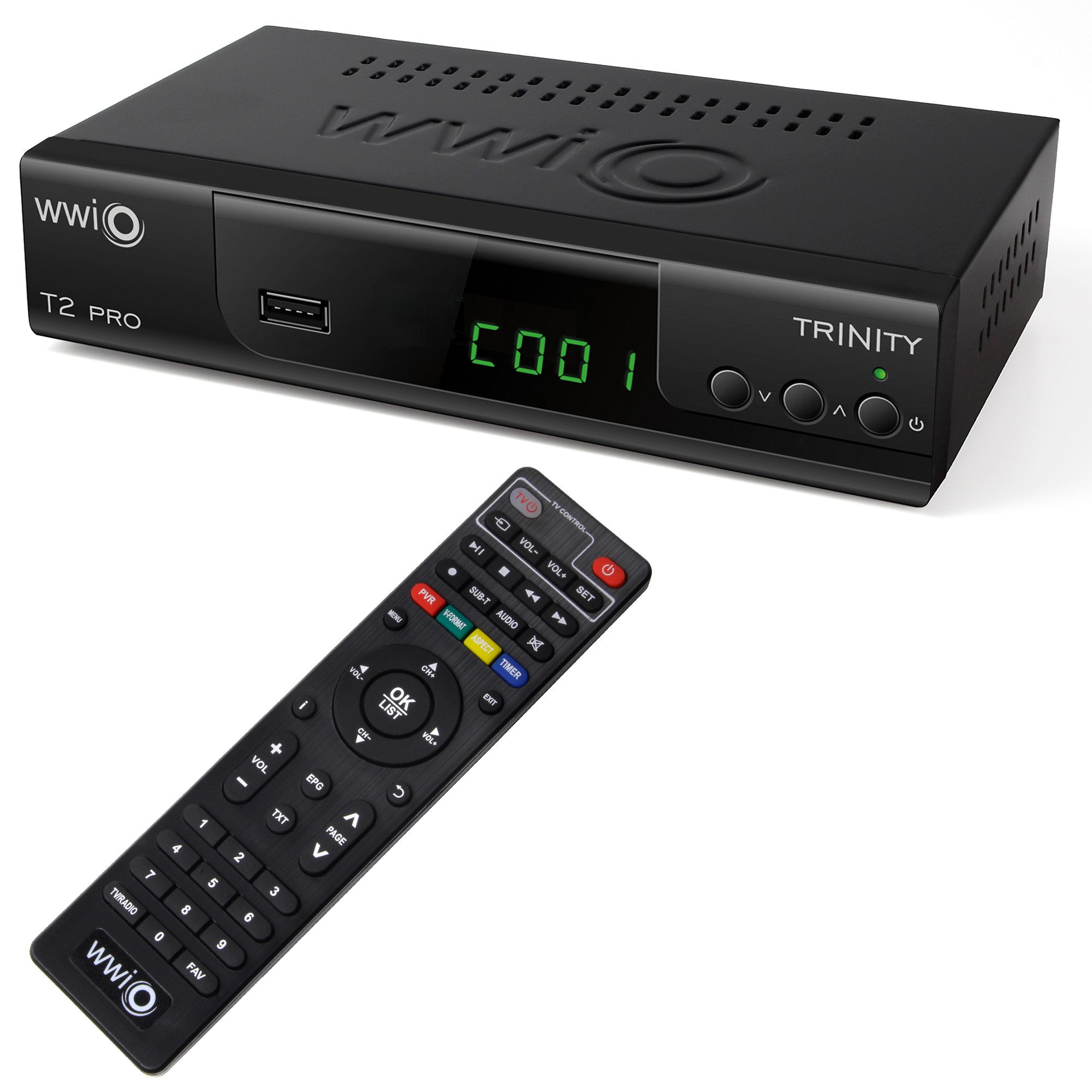 WWIO Trinity T2 PRO mit 2 in 1 Fernbedienung, PVR, DVB-T2 HD Receiver (Unterstützt DVB‑T2 HEVC H.265 mit PVR‑ und Timeshift‑Funktion)