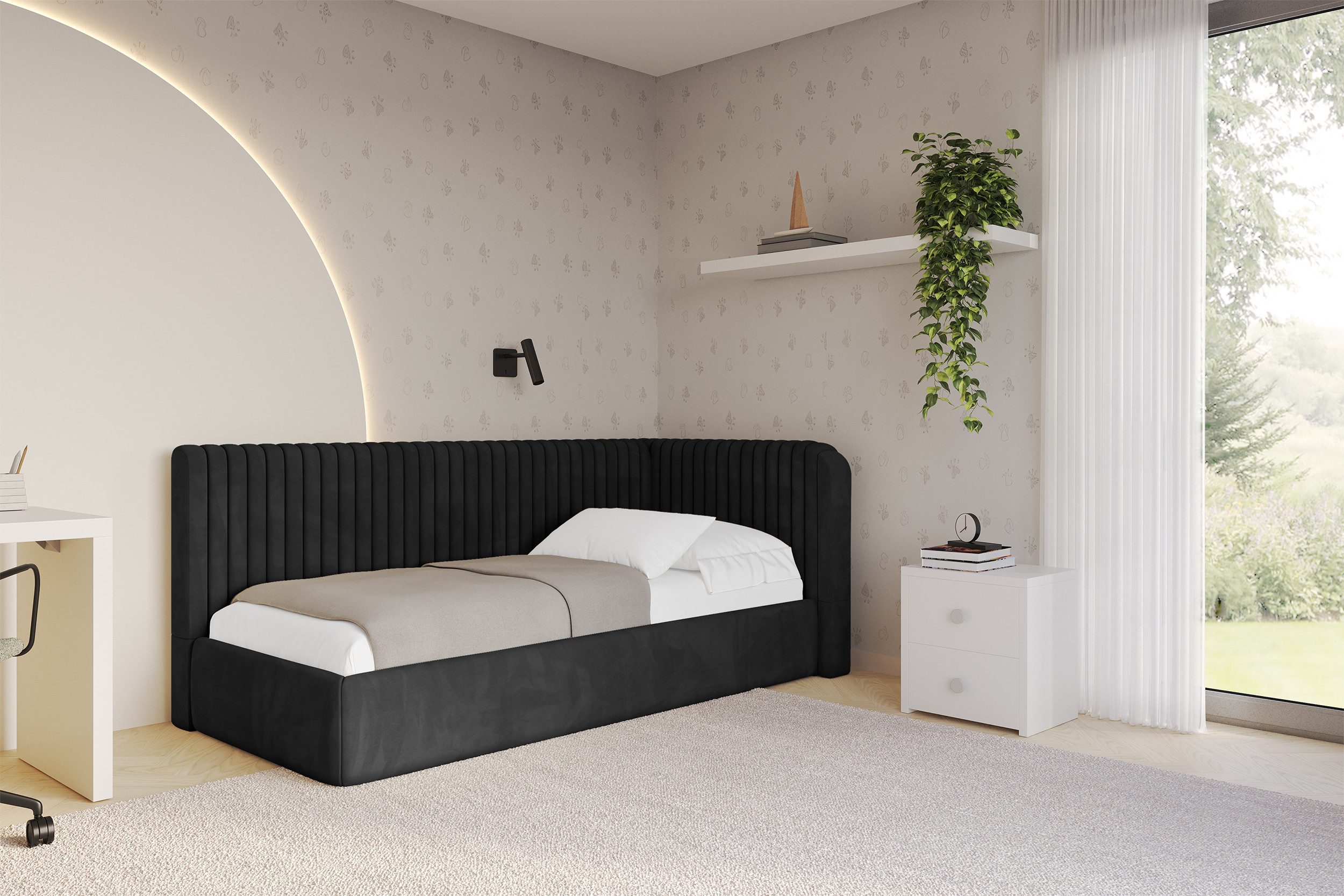ALTDECOR Jugendbett AURY (Jugendbett mit Bettkasten und Lattenrost, Polsterbett mit Matratze), Einzelbett mit Stauraum, Bett mit Kopfteil