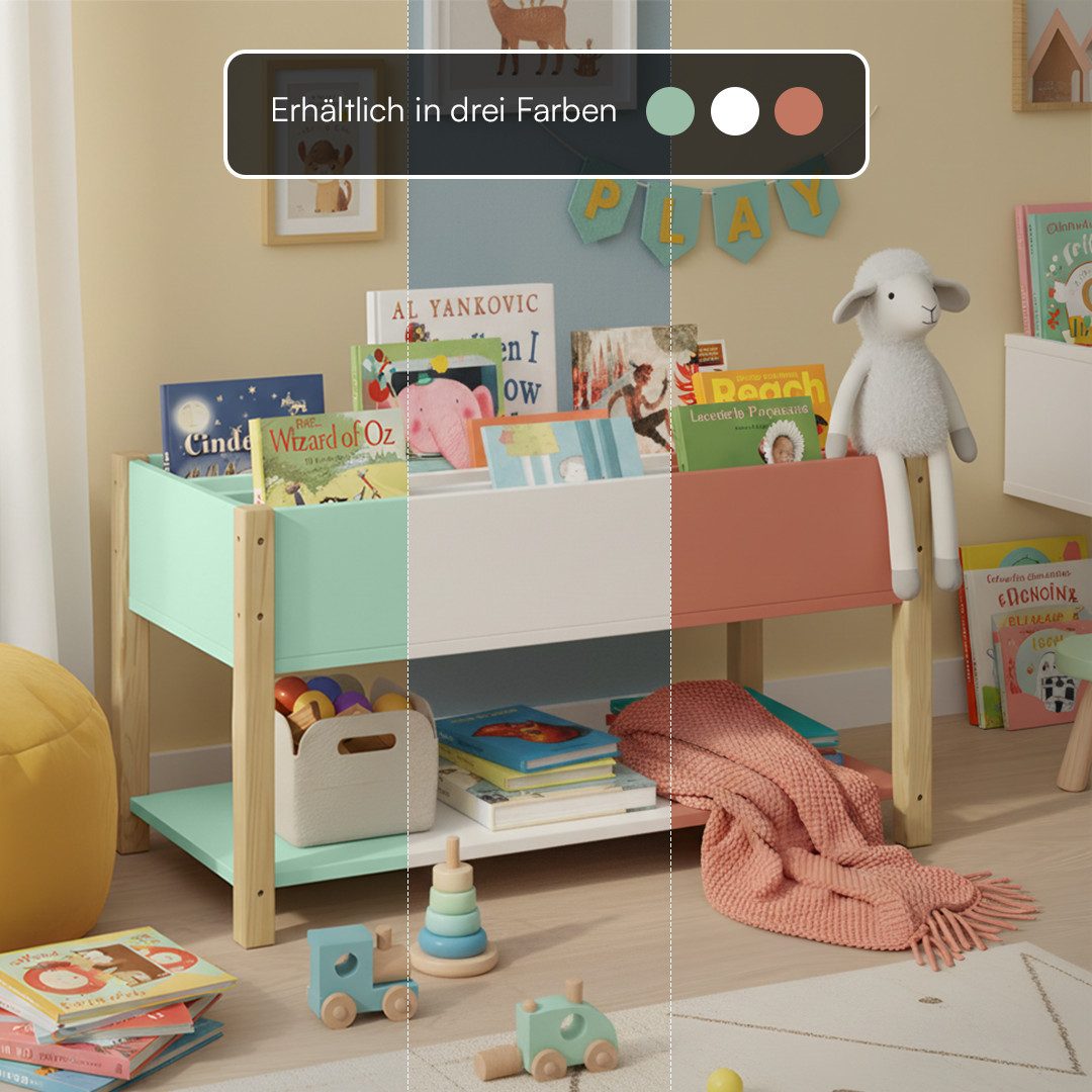 Bellabino Kinderregal Teme mit Fächern und Ablagefach, Bücherregal, Spielzeugregal aus Holz, 4 Fächer für Bücher, 1 Ablagefach für Spielzeug, mintgrün/natur