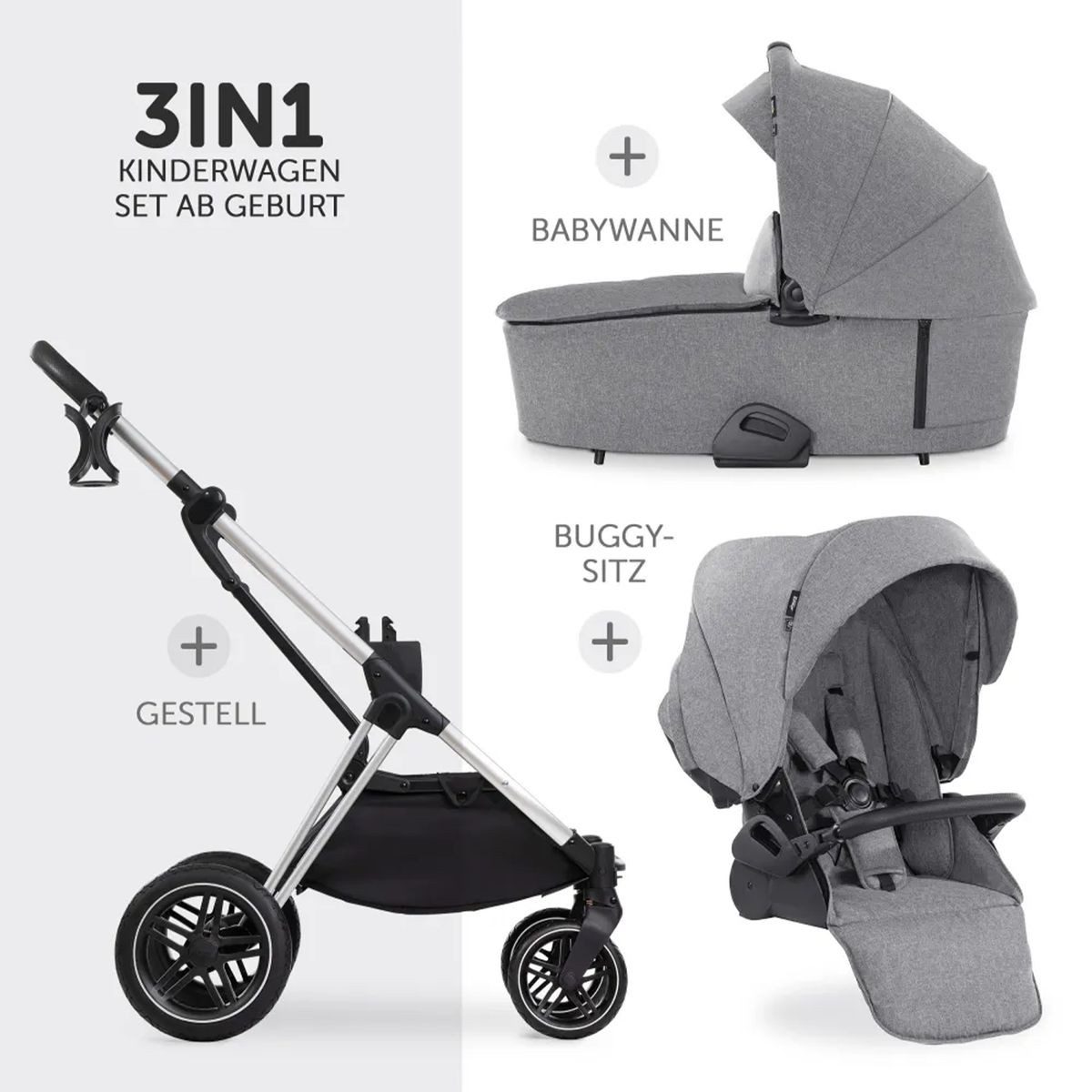 Hauck Kombi-Kinderwagen Vision X Trio Set - Melange Grey, 4in1 Kinderwagen Set mit Babyschale, Babywanne, Sportsitz, Isofix Base