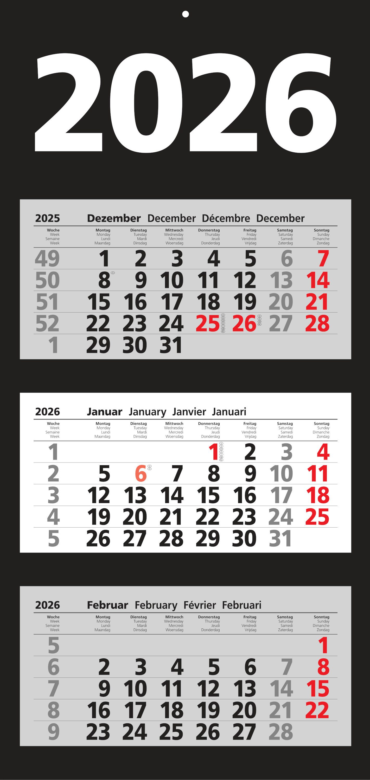 ADINA Wandkalender 2026 ADINA Dreimonatskalender schwarz 70x33cm Tagesanzeiger Blockform