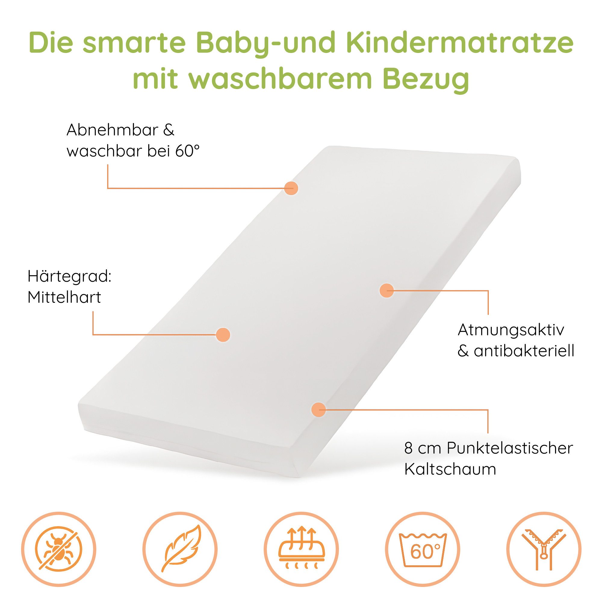 Kindermatratze SMART, Babymatratze mit abnehmbarem Bezug, waschbar bei 60°C, Kids Collective, 8 cm hoch, (Hergestellt in der EU), für Kinderbett, 200x90 cm, 8cm hoch, eco5 zertifiziert