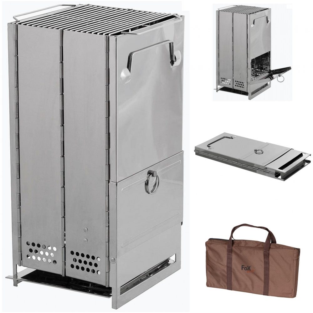 FoxOutdoor Gaskocher Raketenofen, mit Rost, faltbar, groß, Edelstahl, (Set), Packmaß: ca. 43 x 20 x 5 cm (H x B x T)
