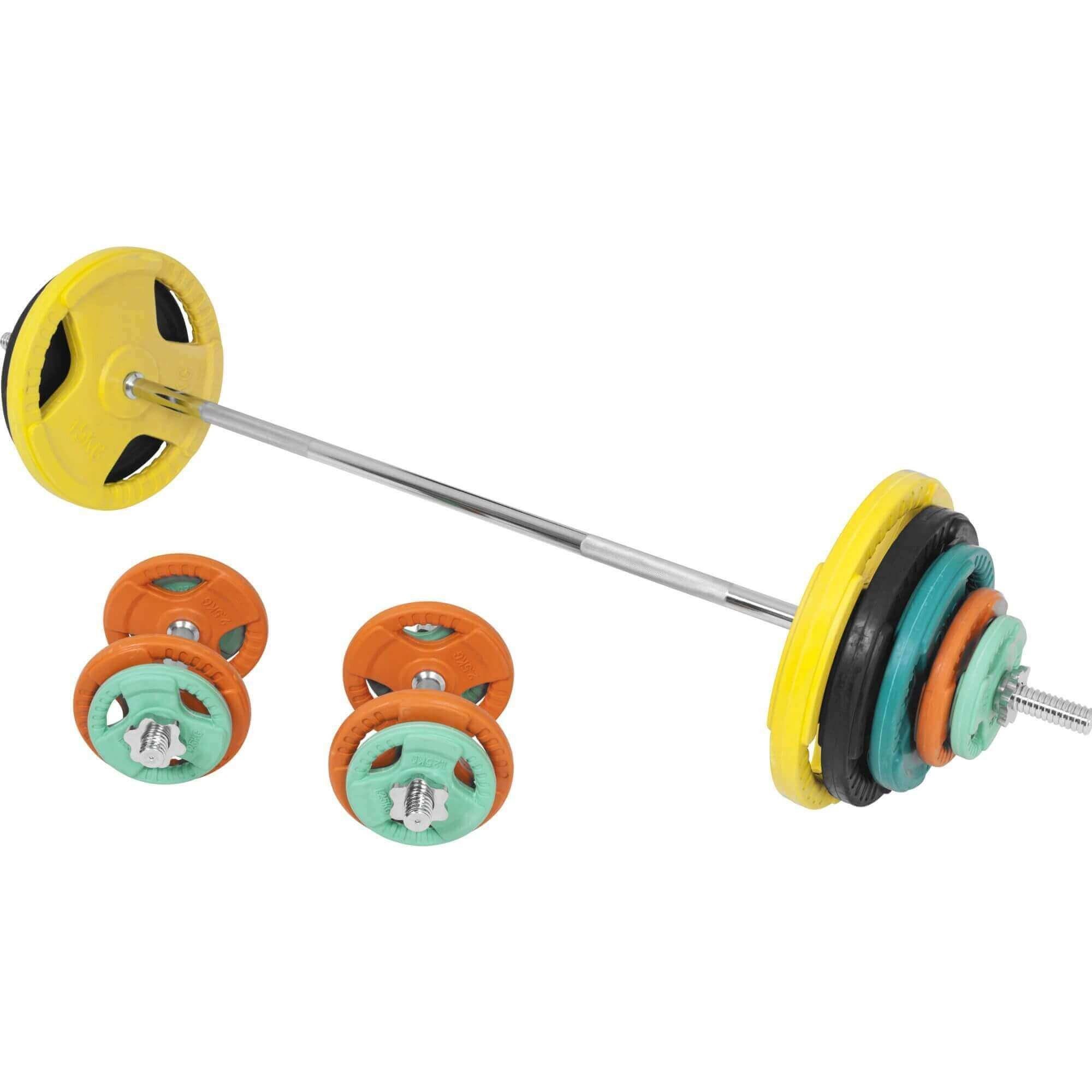 GORILLA SPORTS Hantel-Set 100 kg, Langhantelstange 170 cm, Kurzhanteln, 30mm, Gusseisen gummiert Sternverschluss