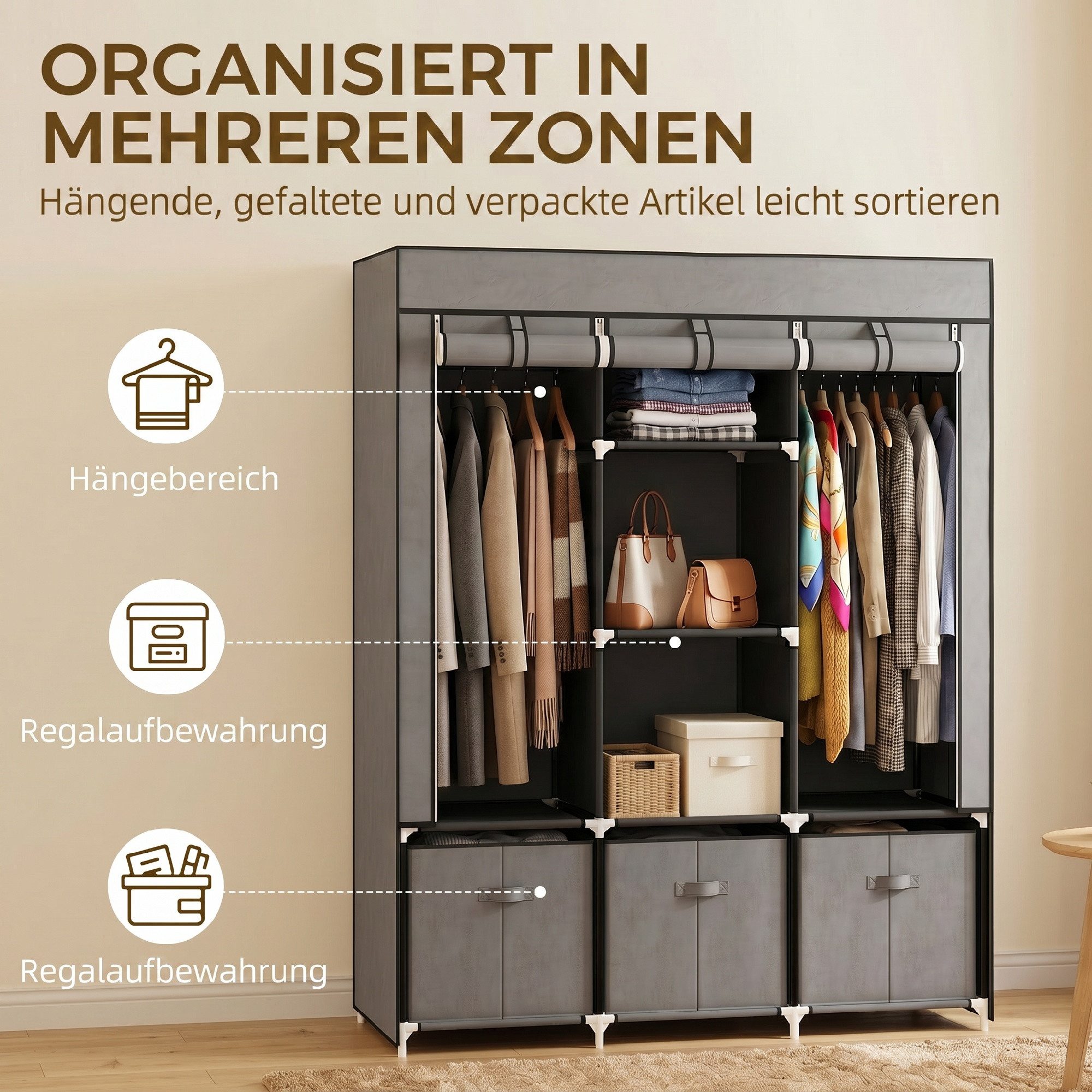 HOMCOM Stoffschrank Kleiderschrank mit Kleiderstange, Schubladen, Reißverschluss (Faltbare Garderobe, 1-St., Faltschrank) Dunkelgrau, 125 x 43 x 162,5 cm – Bild 4 von 5