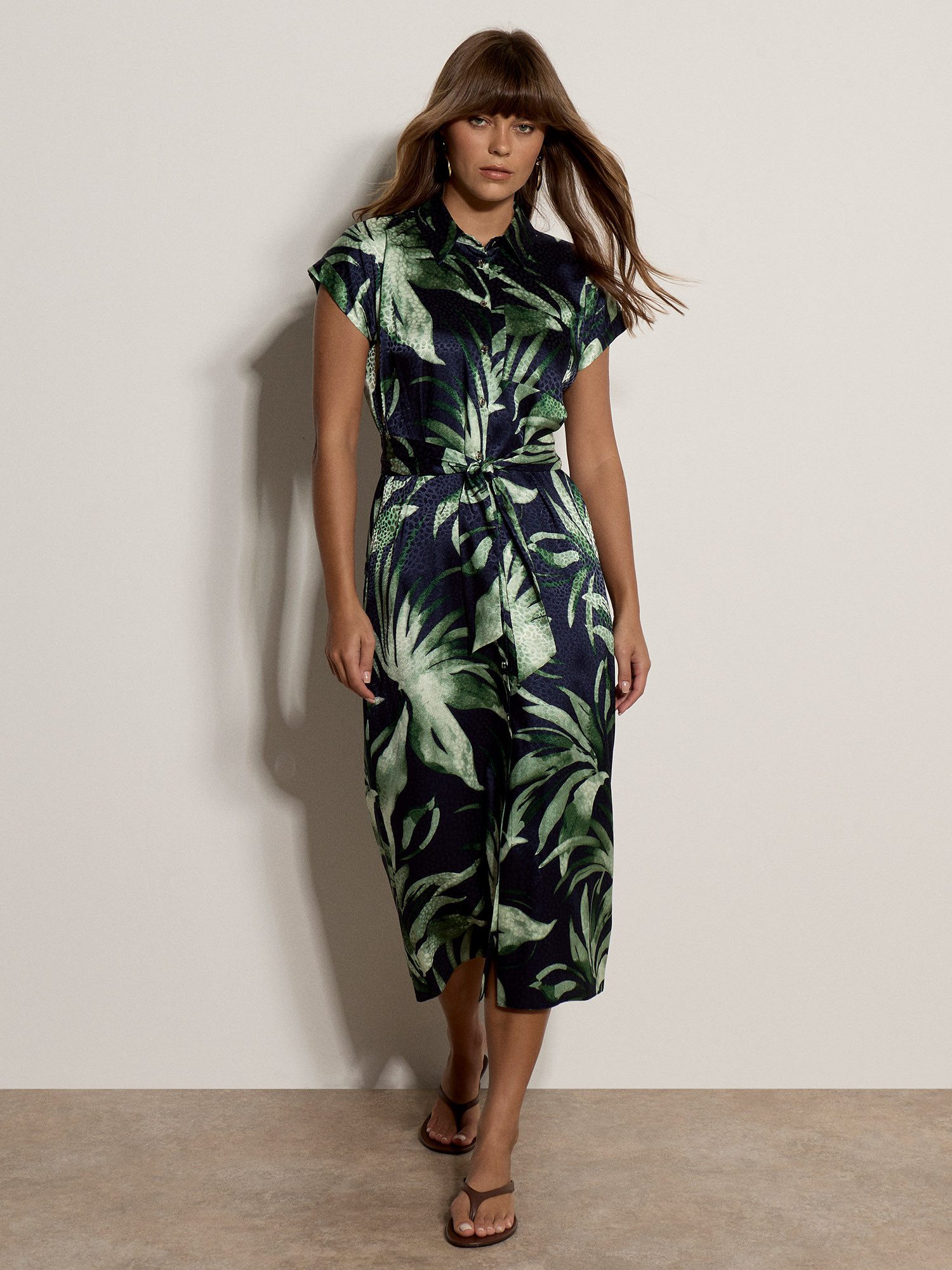 Apricot Midikleid Satinkleid (mit Bindeband) mit Blattmuster und Bindeband
